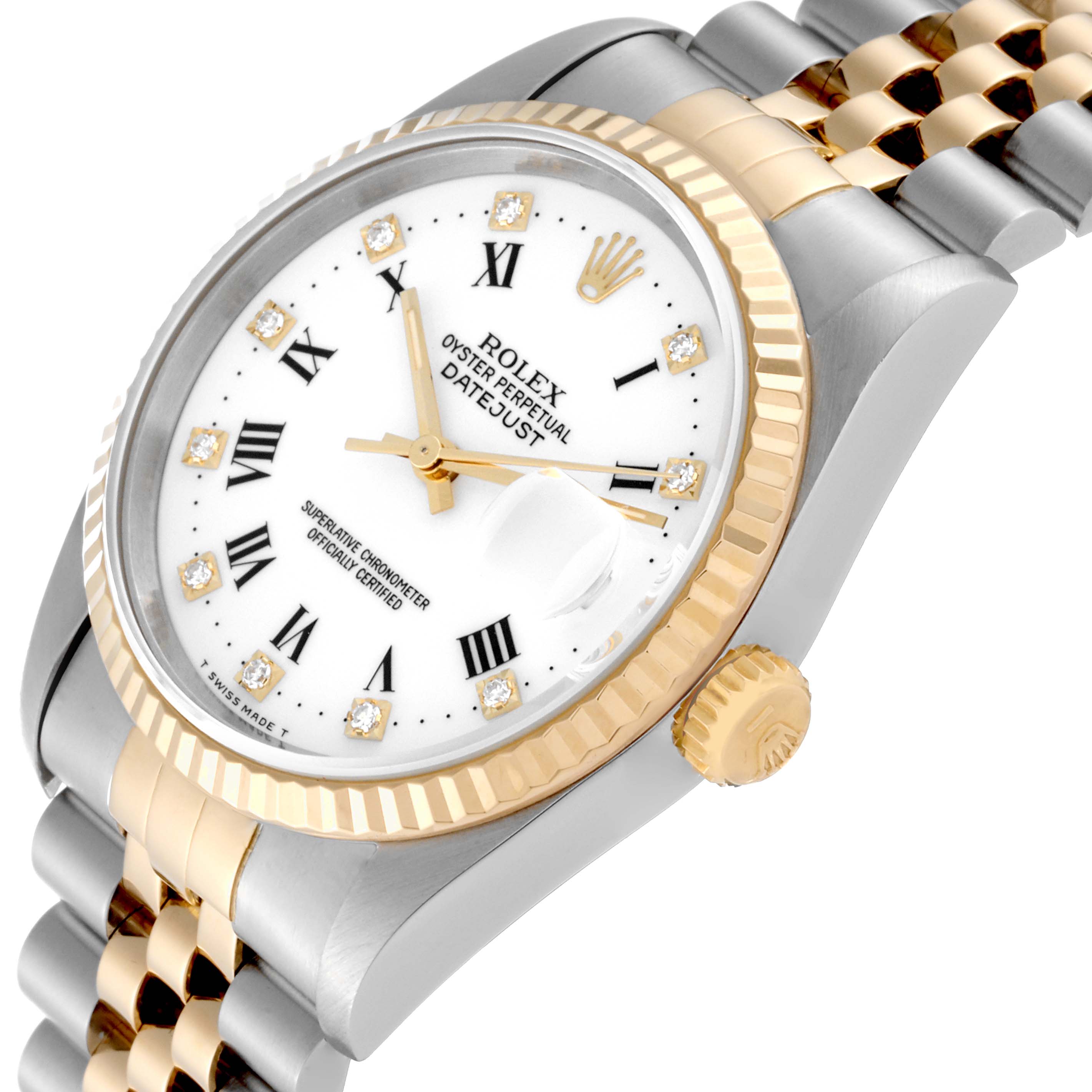 The image shows a close-up angle of the Rolex Datejust 16233 Men's Steel and Gold (two tone) White Dial 16233 Men's Steel and Gold (two tone) White Dial watch, highlighting the dial, bezel, crown, and parts of the bracelet.