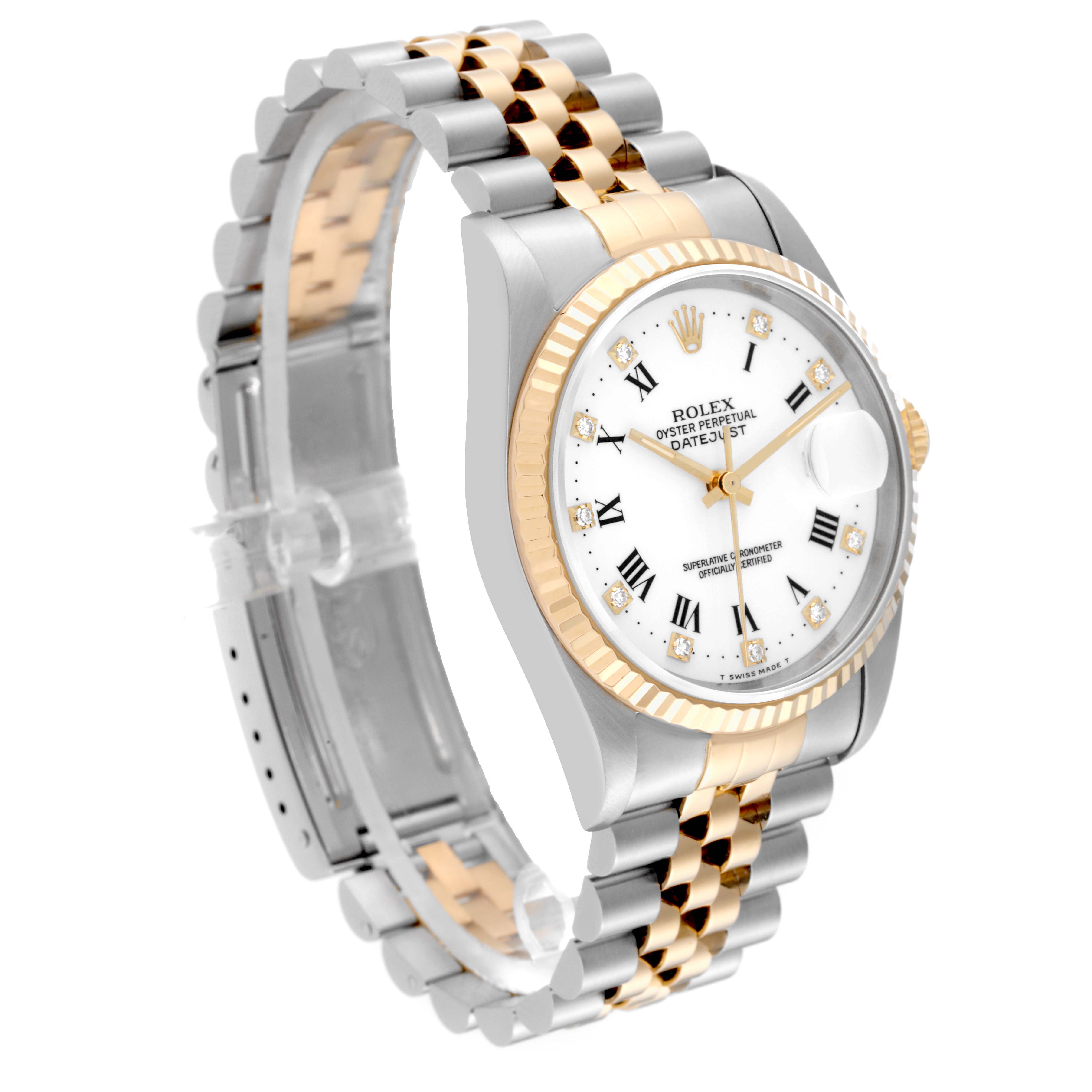 The image shows a Rolex Datejust 16233 Men's Steel and Gold (two tone) White Dial 16233 Men's Steel and Gold (two tone) White Dial watch with a two-tone metal bracelet, fluted bezel, and a white dial with Roman numerals and diamond hour markers.