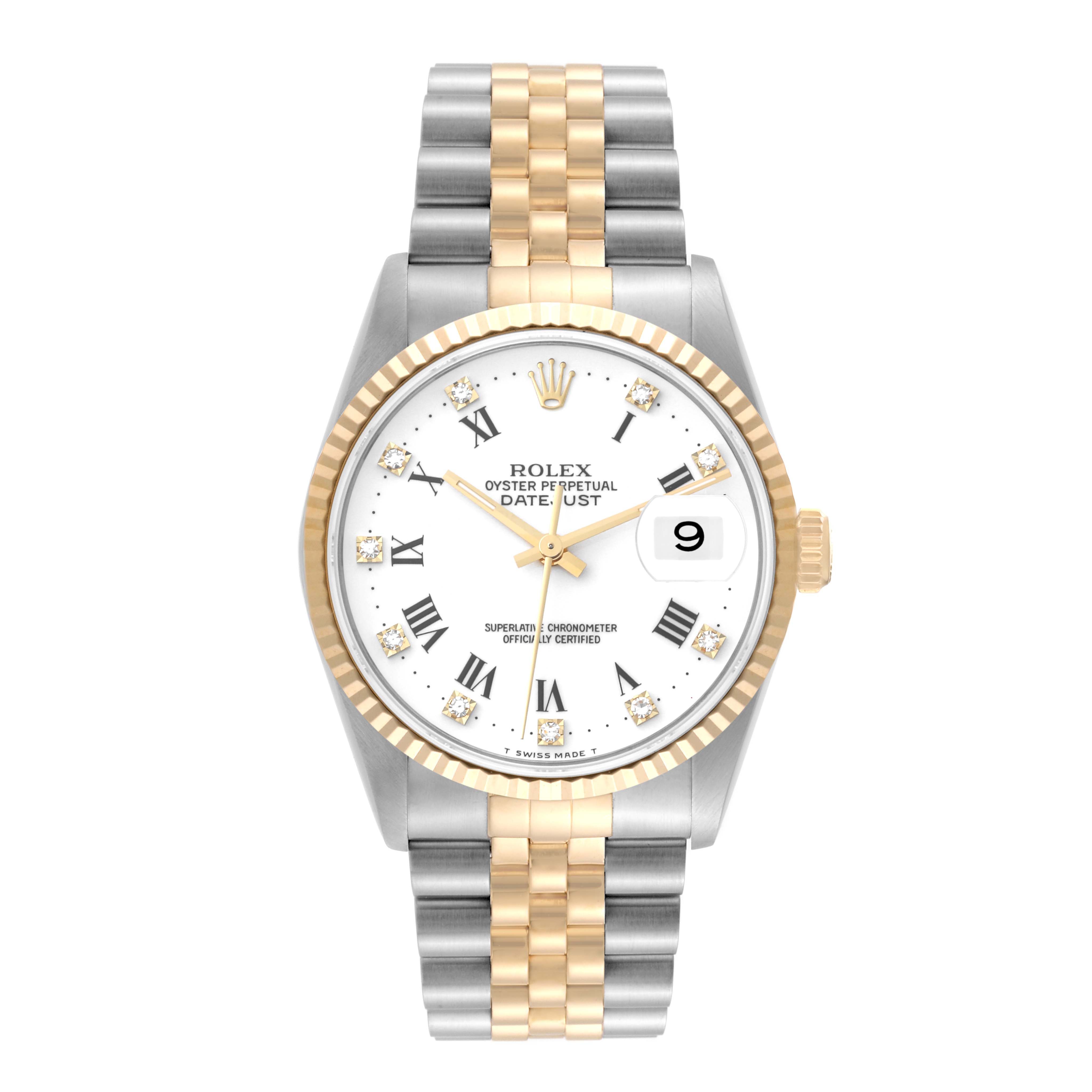 This image shows a Rolex Datejust 16233 Men's Steel and Gold (two tone) White Dial 16233 Men's Steel and Gold (two tone) White Dial watch from a front angle, highlighting its two-tone bracelet, dial, and fluted bezel.