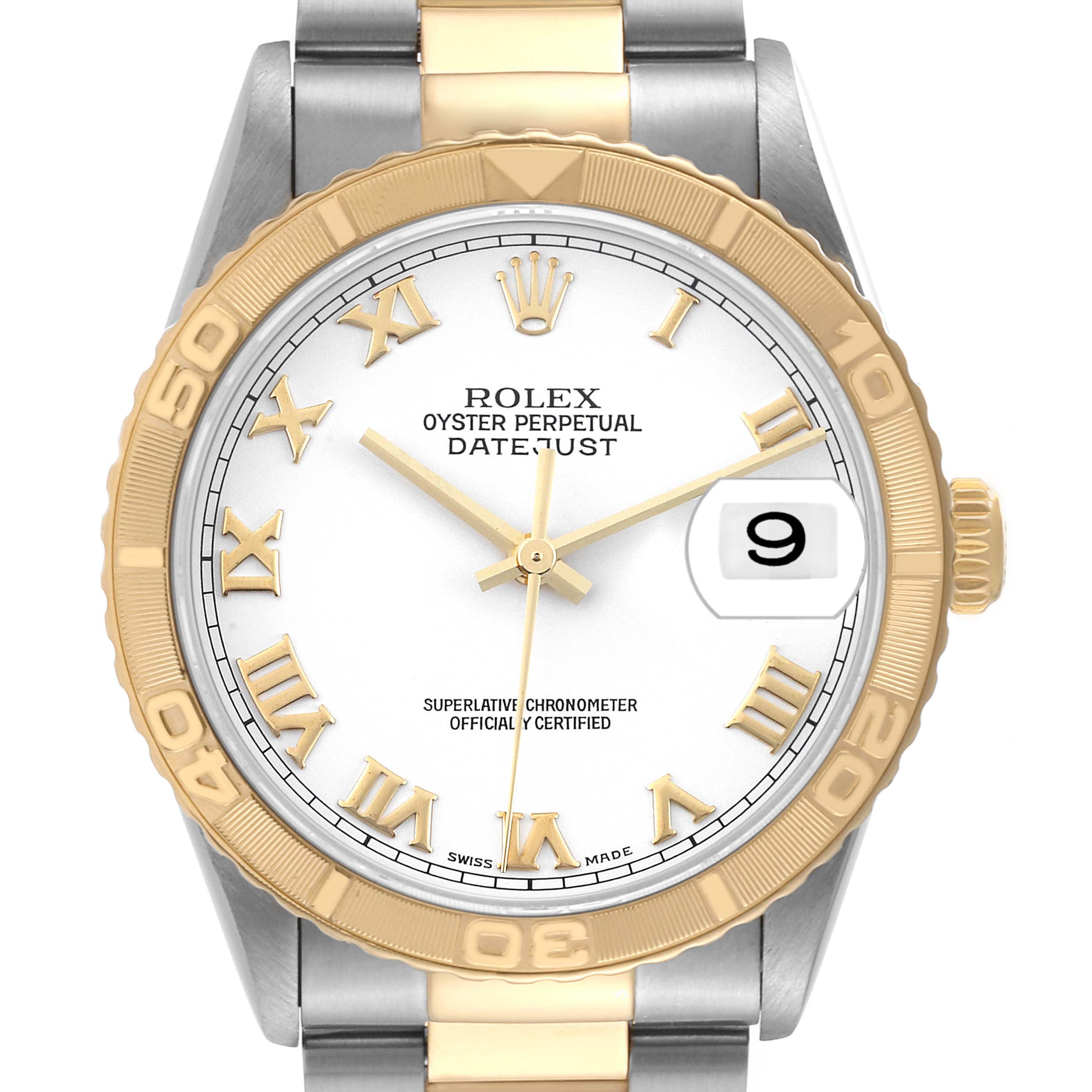 The image shows a front view of the Rolex Turn-o-Graph 16263 Men
s Steel and Gold (two tone) White Dial 16263 Men
s Steel and Gold (two tone) White Dial Datejust watch, featuring its bezel, dial, and bracelet.