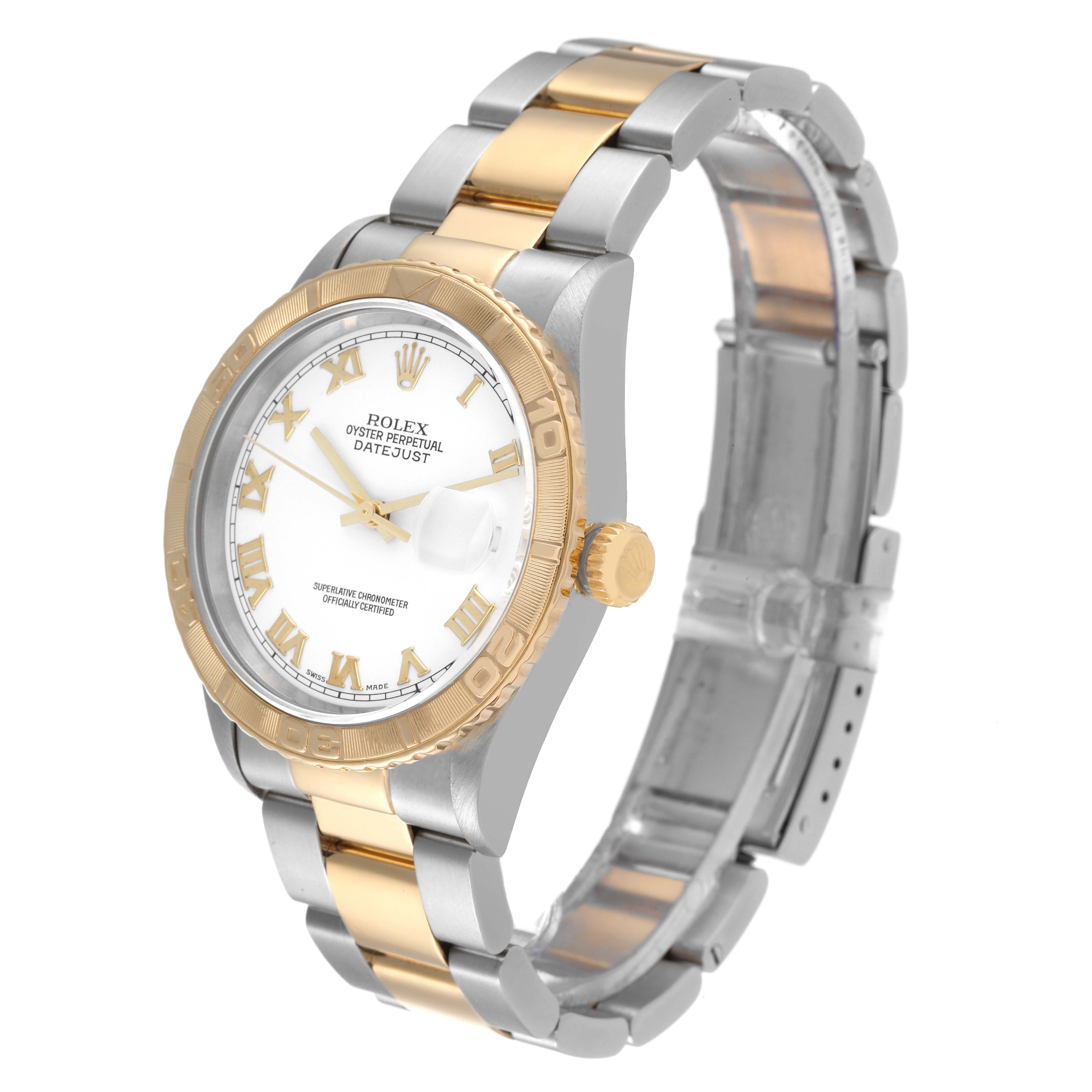 This image shows a Rolex Turn-o-Graph 16263 Men
s Steel and Gold (two tone) White Dial 16263 Men
s Steel and Gold (two tone) White Dial watch at a three-quarter angle, highlighting the dial, bezel, and two-tone bracelet.
