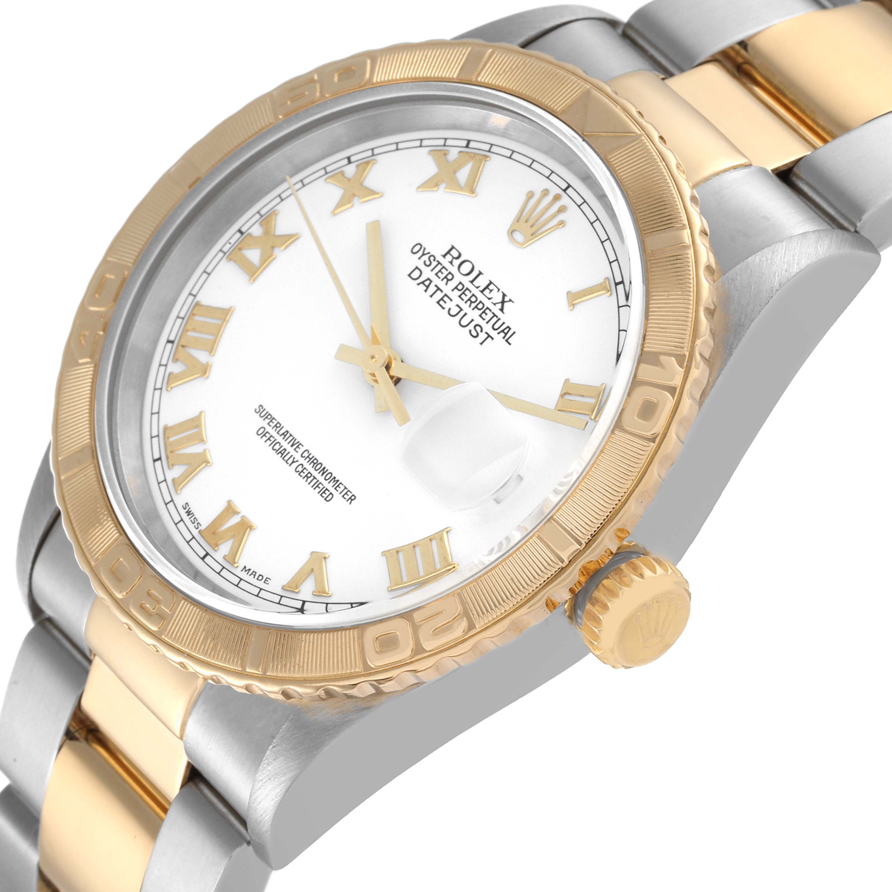 The image shows a Rolex Turn-o-Graph 16263 Men
s Steel and Gold (two tone) White Dial 16263 Men
s Steel and Gold (two tone) White Dial watch at an angled view, displaying the face, bezel, crown, and part of the bracelet.