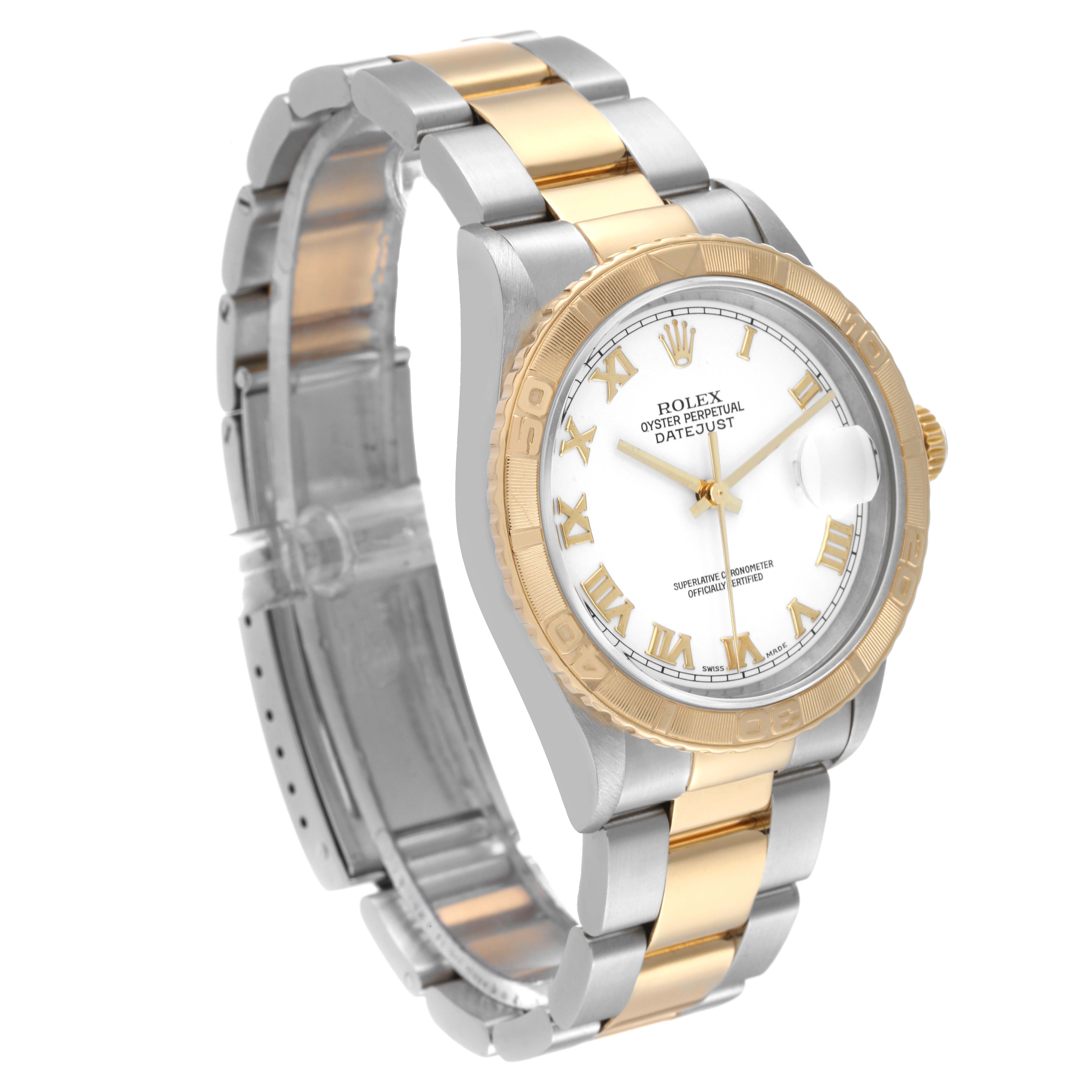 The image shows a side-angle view of a Rolex Turn-o-Graph 16263 Men
s Steel and Gold (two tone) White Dial 16263 Men
s Steel and Gold (two tone) White Dial watch, highlighting the dial, bezel, and two-tone bracelet.