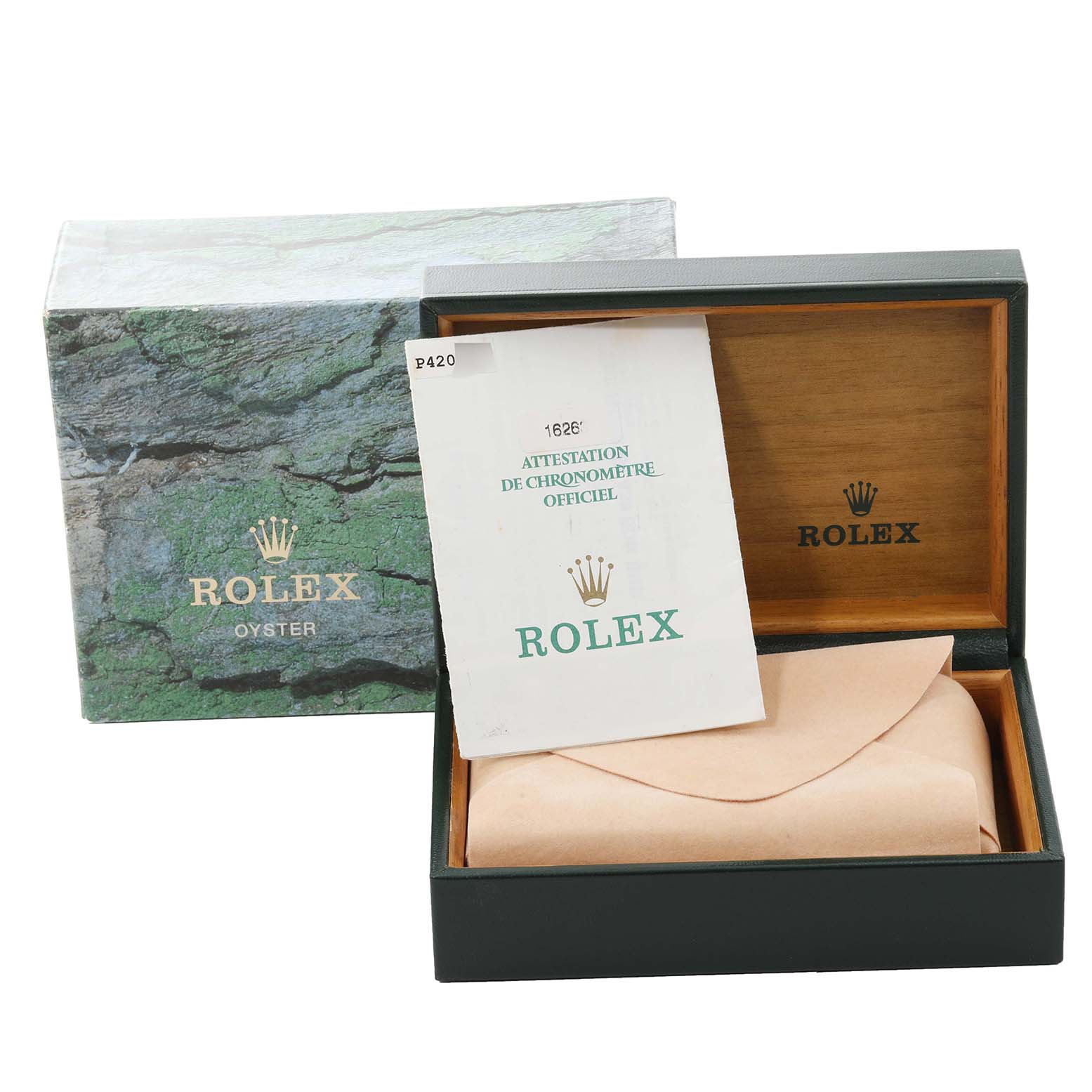 The image shows the packaging and documentation for the Rolex Turn-o-Graph 16263 Men
s Steel and Gold (two tone) White Dial 16263 Men
s Steel and Gold (two tone) White Dial, including the outer box, inner box, and certificate.