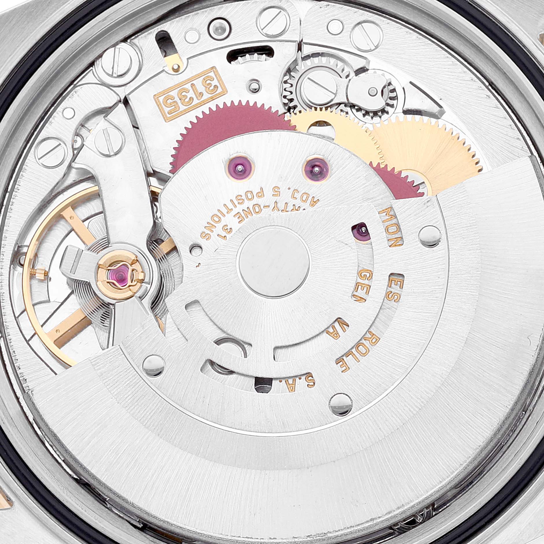 The image shows the internal mechanism of a Rolex Turn-o-Graph 16263 Men
s Steel and Gold (two tone) White Dial 16263 Men
s Steel and Gold (two tone) White Dial model, highlighting gears and intricate components from a top-down angle.
