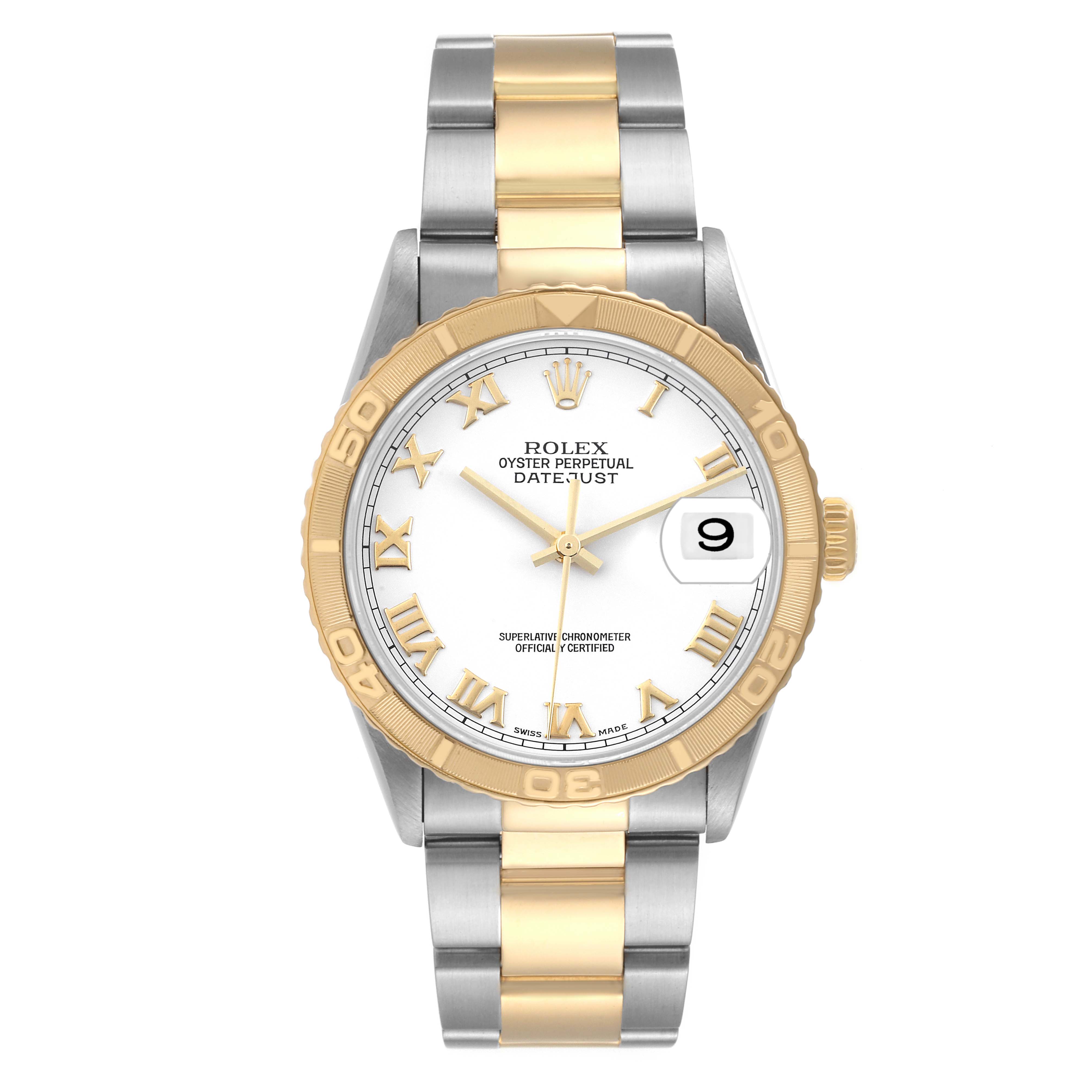 The Rolex Turn-o-Graph 16263 Men
s Steel and Gold (two tone) White Dial 16263 Men
s Steel and Gold (two tone) White Dial watch is shown from the front, displaying the dial, bezel, crown, and bracelet.