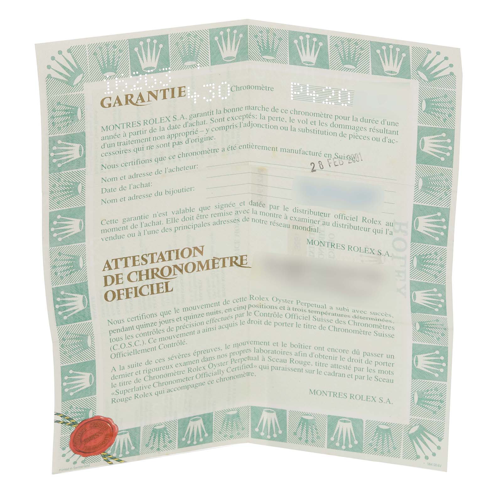 This is a warranty card for the Rolex Turn-o-Graph 16263 Men
s Steel and Gold (two tone) White Dial 16263 Men
s Steel and Gold (two tone) White Dial watch, shown from a top-down angle.