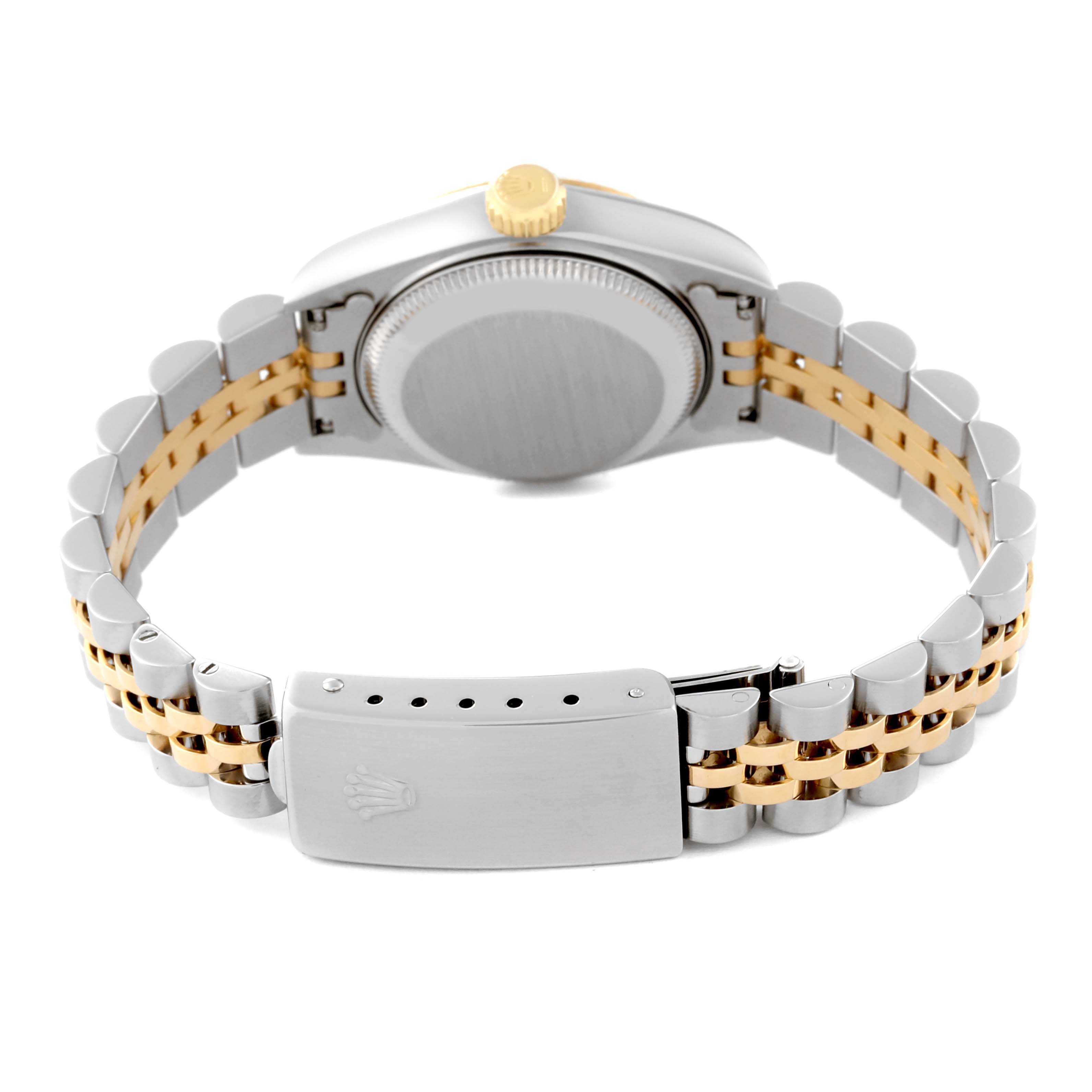 The image shows the back of a Rolex Datejust 69173 Women's Steel and Gold (two tone) Blue Dial 69173 Women's Steel and Gold (two tone) Blue Dial watch, highlighting the case, crown, and two-tone bracelet with clasp.