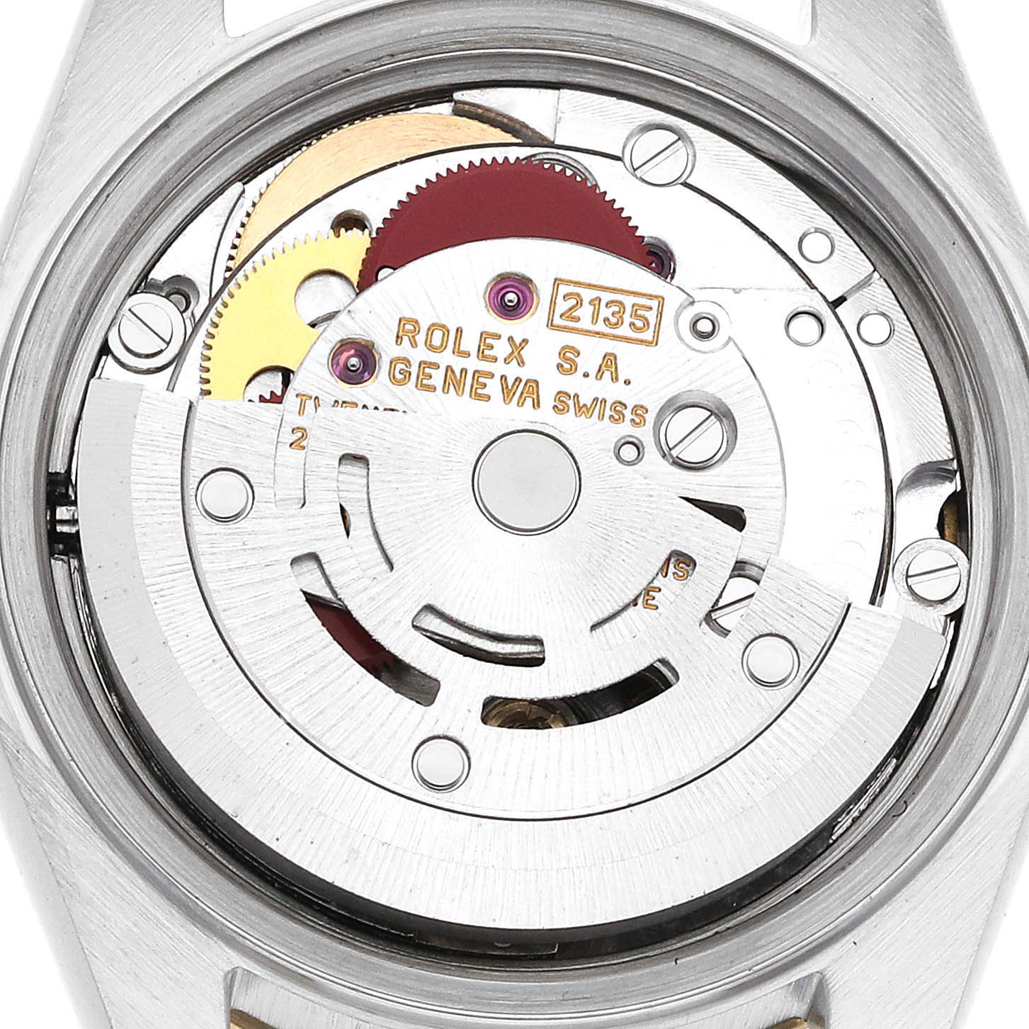 The image shows the internal mechanism of a Rolex Datejust 69173 Women's Steel and Gold (two tone) Blue Dial 69173 Women's Steel and Gold (two tone) Blue Dial watch, viewed from behind.