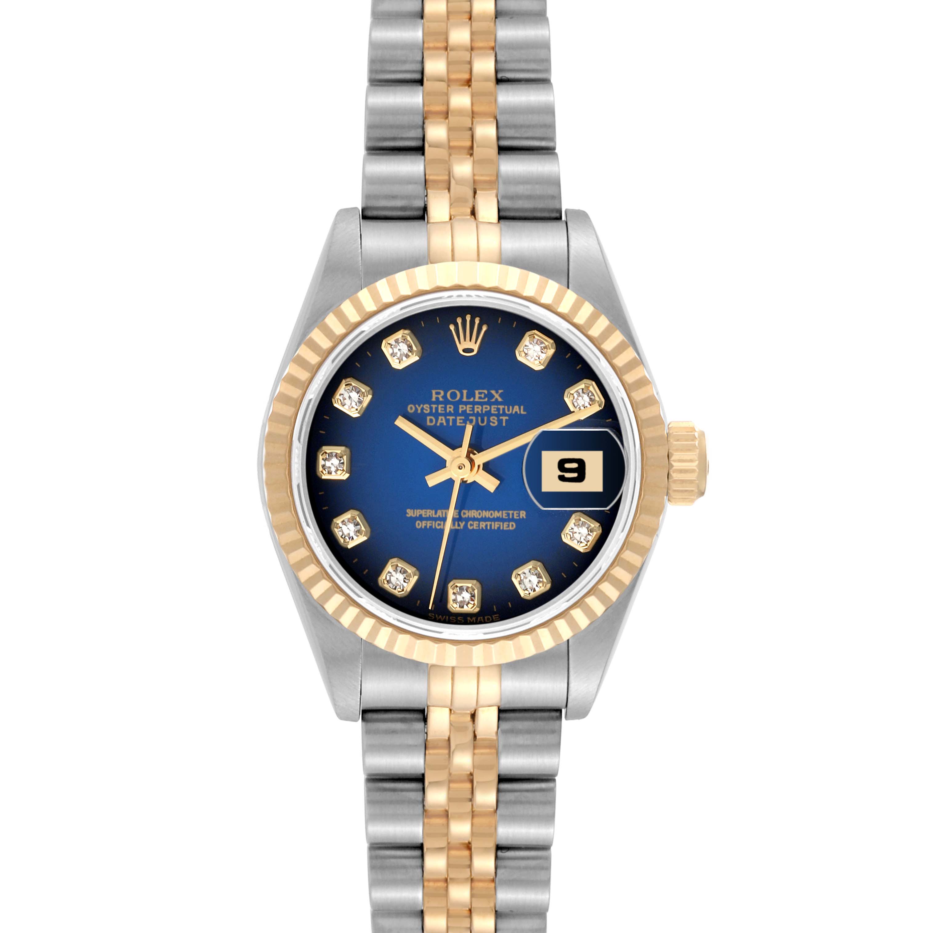The image shows a frontal view of a Rolex Datejust 69173 Women's Steel and Gold (two tone) Blue Dial 69173 Women's Steel and Gold (two tone) Blue Dial watch with a fluted bezel, blue dial, and two-tone bracelet.