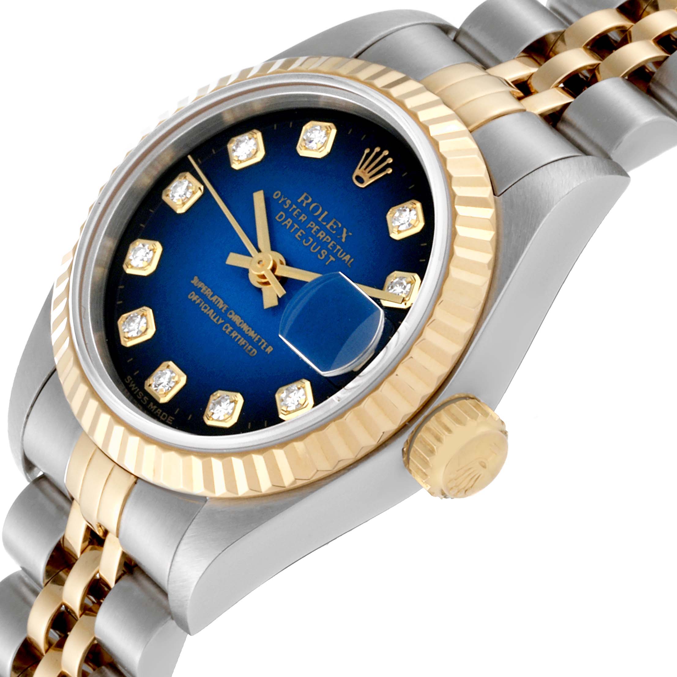 The image shows a close-up angled view of the dial, bezel, and part of the bracelet of a Rolex Datejust 69173 Women's Steel and Gold (two tone) Blue Dial 69173 Women's Steel and Gold (two tone) Blue Dial watch.