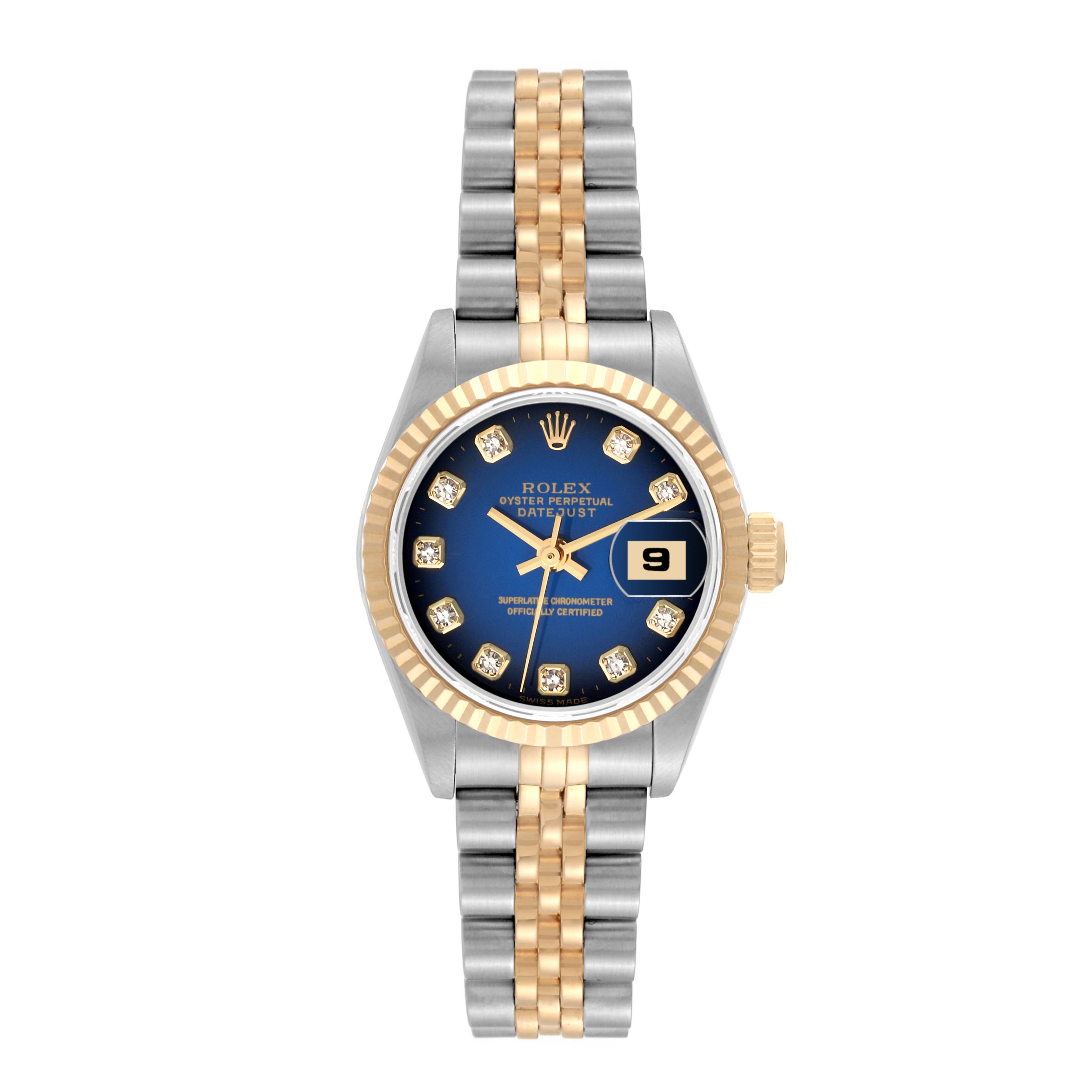 This image shows a frontal view of a Rolex Datejust 69173 Women's Steel and Gold (two tone) Blue Dial 69173 Women's Steel and Gold (two tone) Blue Dial watch, highlighting the dial, bezel, and two-tone strap.