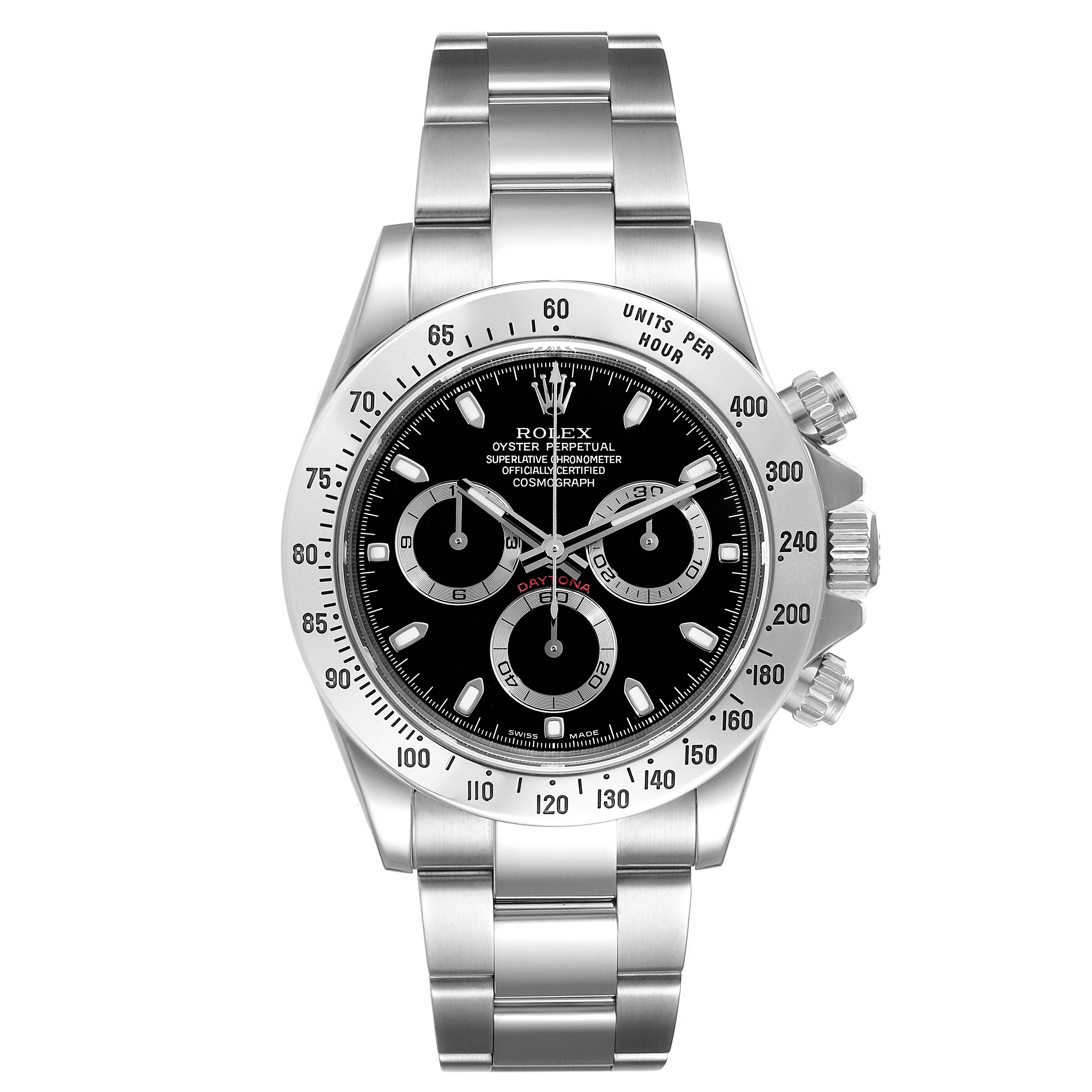 The image shows a frontal view of the Rolex Daytona 116520 Men
s Stainless Steel Black Dial 116520 Men
s Stainless Steel Black Dial watch, displaying its face, bezel, and bracelet.