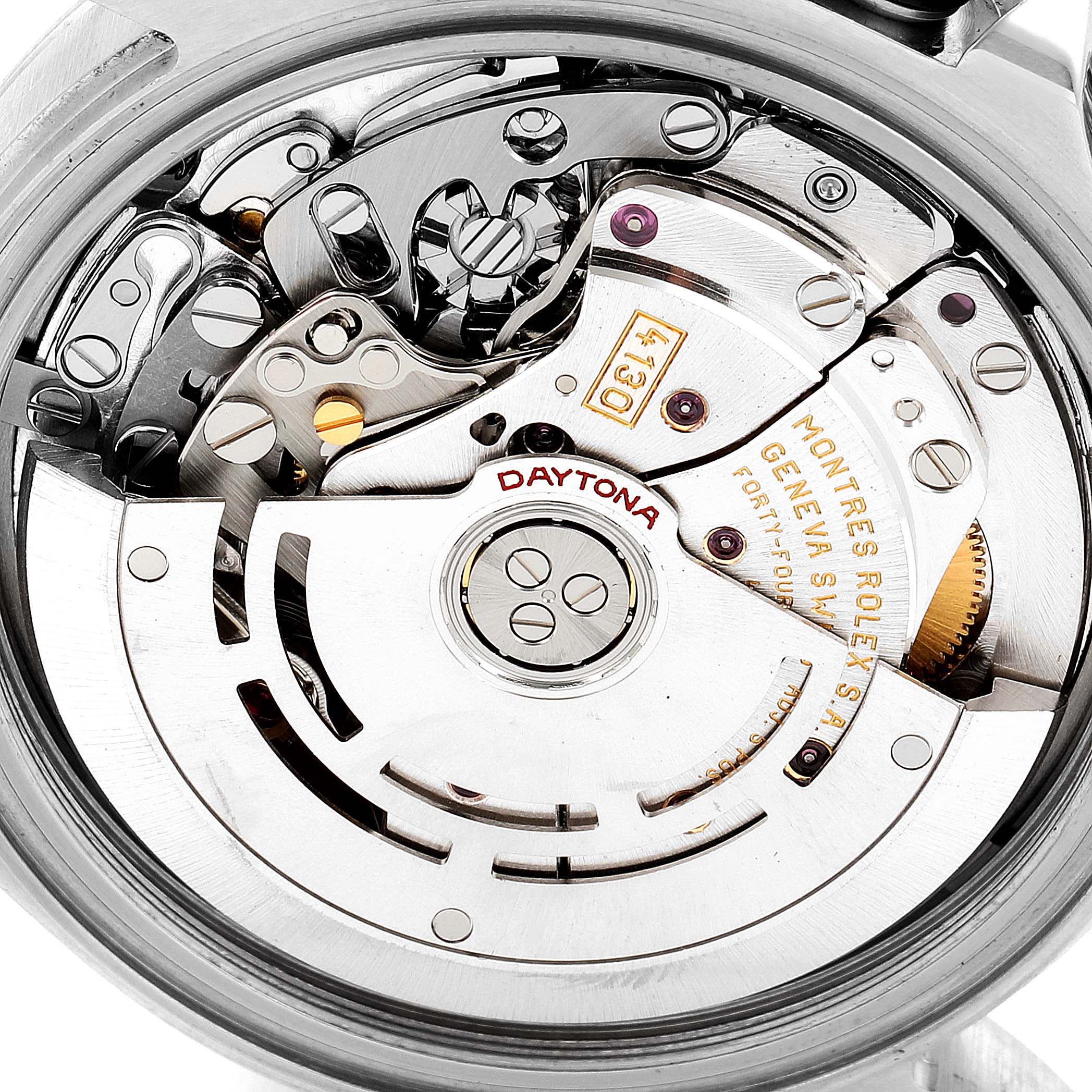 This image shows the intricate internal mechanism of a Rolex Daytona 116520 Men
s Stainless Steel Black Dial 116520 Men
s Stainless Steel Black Dial model watch from a top-down angle.