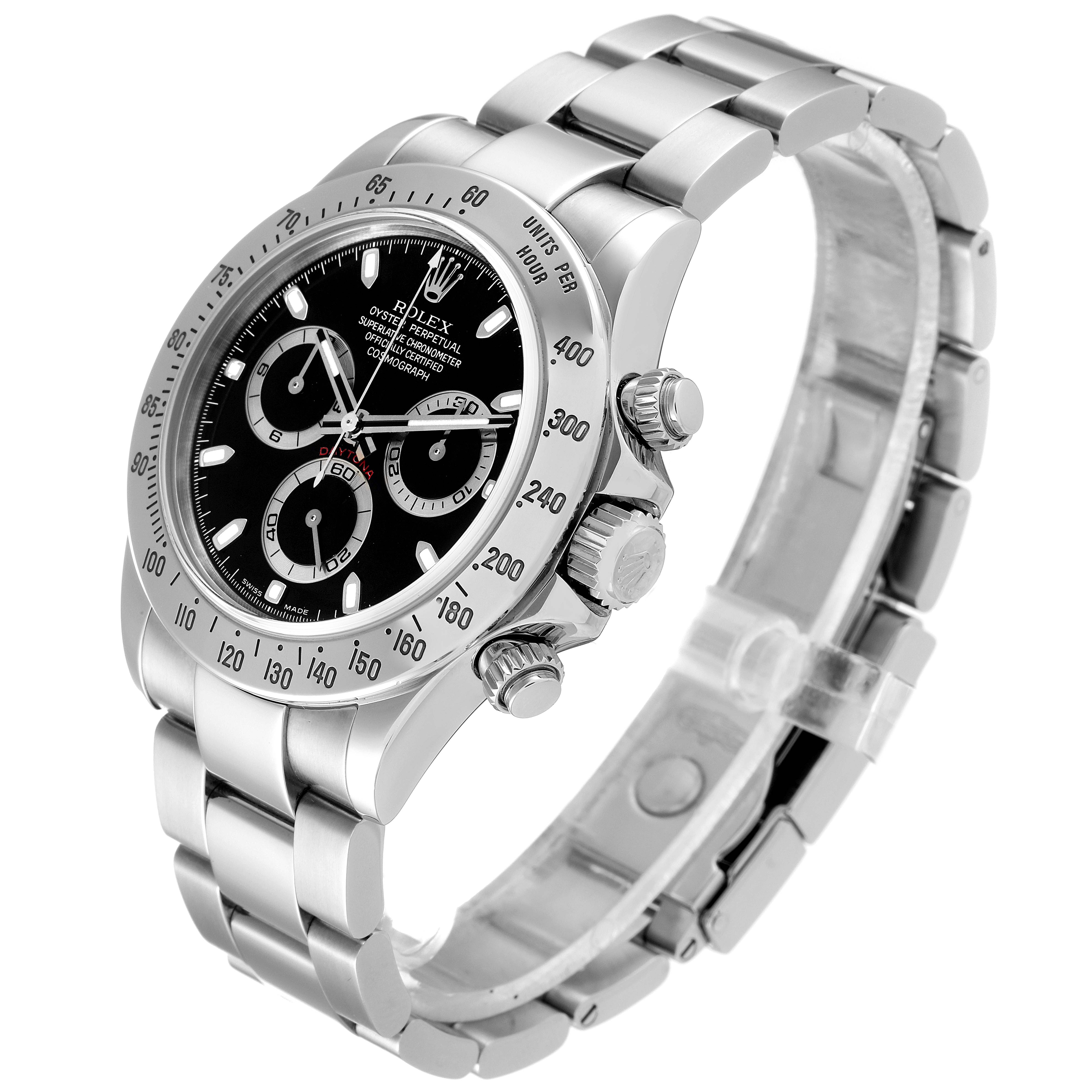 The image shows a side angle view of a Rolex Daytona 116520 Men
s Stainless Steel Black Dial 116520 Men
s Stainless Steel Black Dial watch, highlighting its bezel, dial, and bracelet.