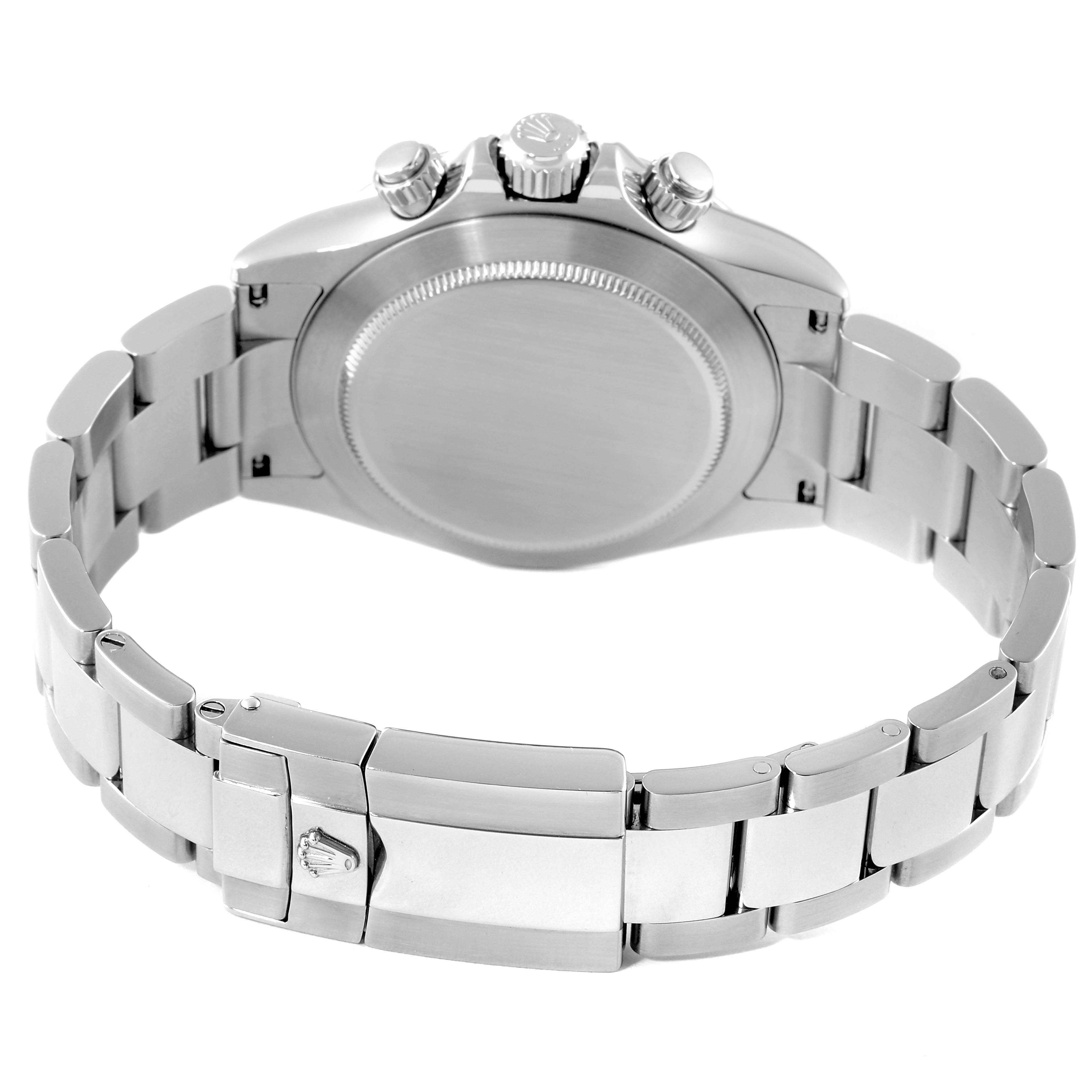 This image shows the back view of a Rolex Daytona 116520 Men
s Stainless Steel Black Dial 116520 Men
s Stainless Steel Black Dial watch, highlighting the case back, clasp, and stainless steel bracelet.