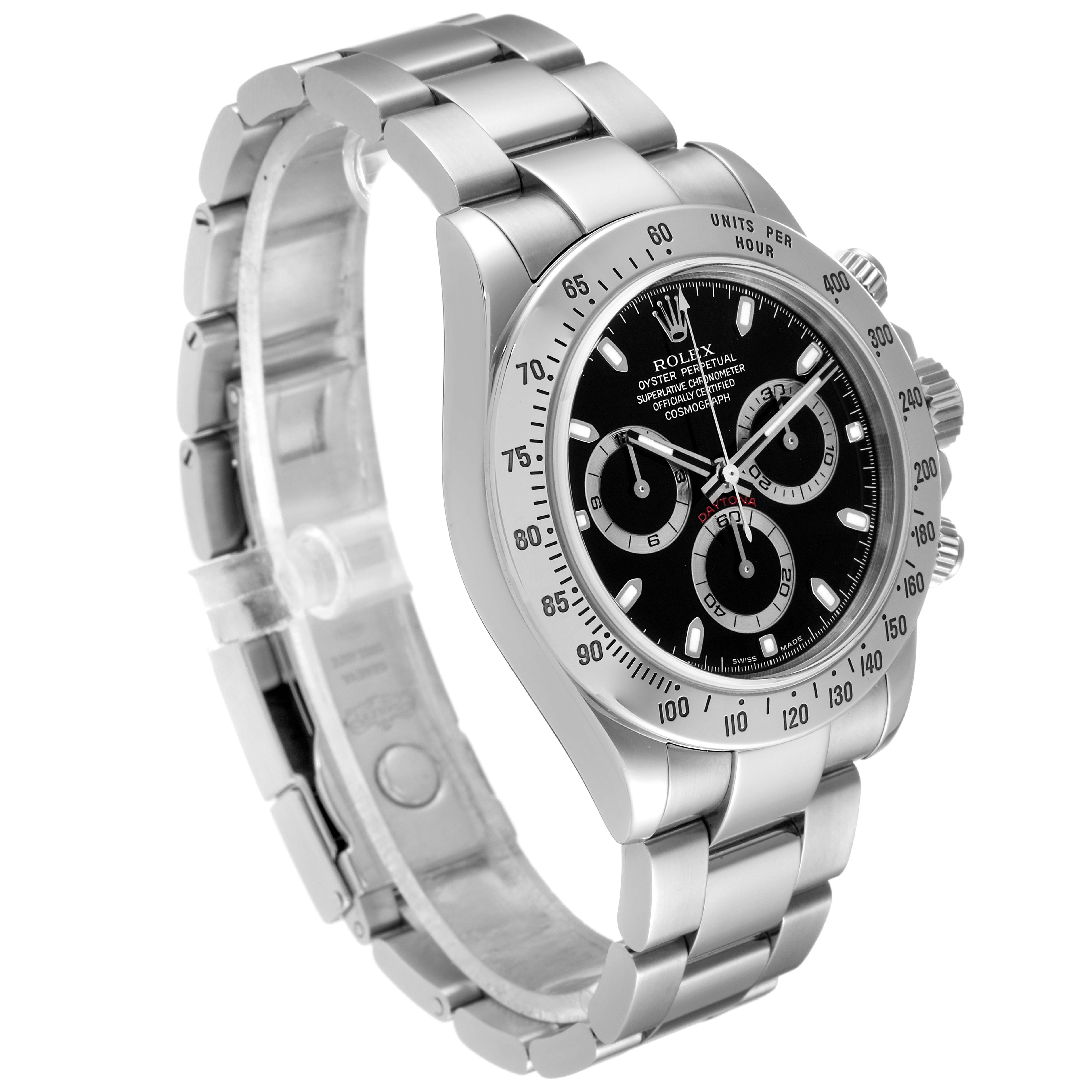 This image shows a Rolex Daytona 116520 Men
s Stainless Steel Black Dial 116520 Men
s Stainless Steel Black Dial watch, angled slightly to the right, highlighting the dial, bezel, and bracelet.