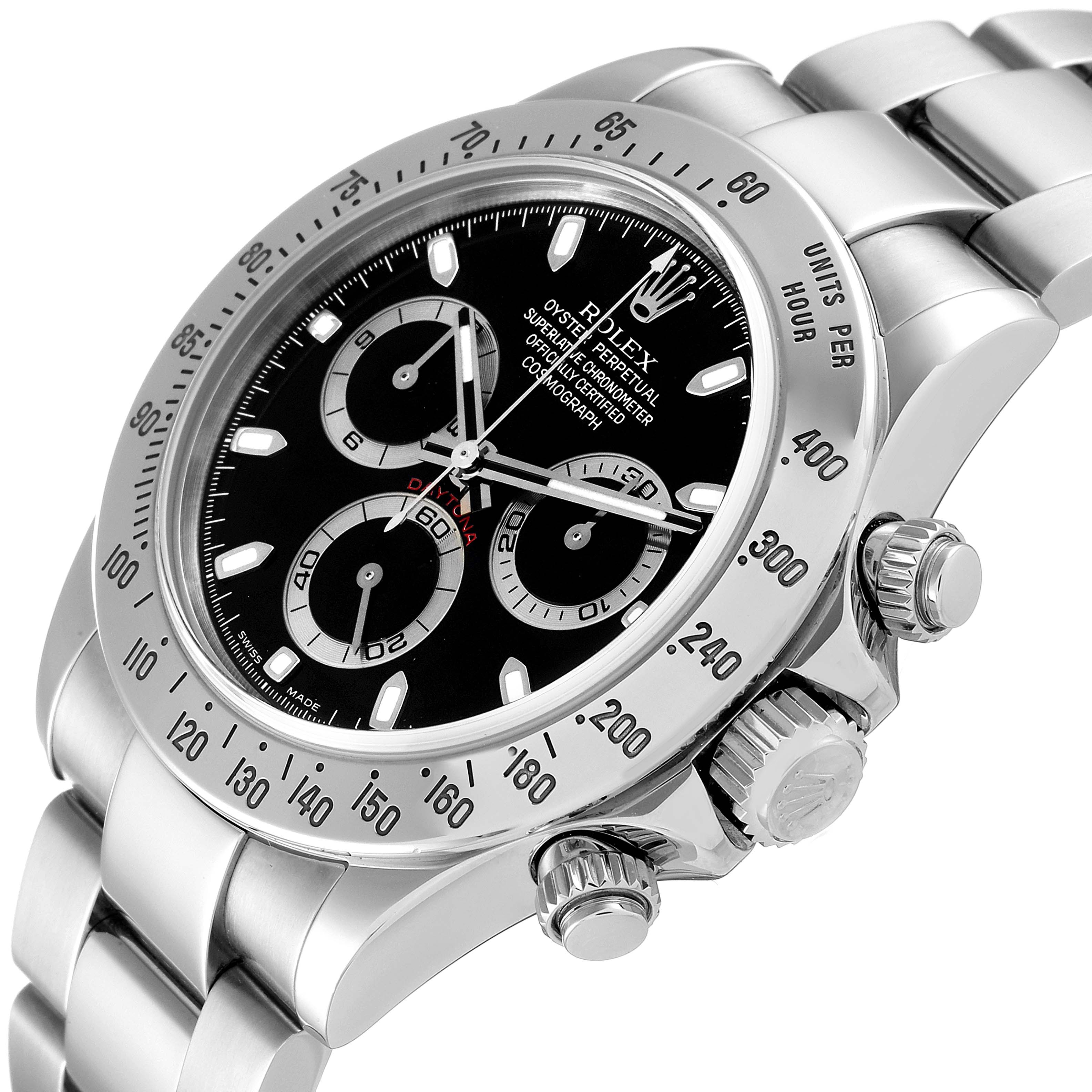 The image shows a Rolex Daytona 116520 Men
s Stainless Steel Black Dial 116520 Men
s Stainless Steel Black Dial watch at an angled view, highlighting the face, bezel, crown, and a part of the bracelet.
