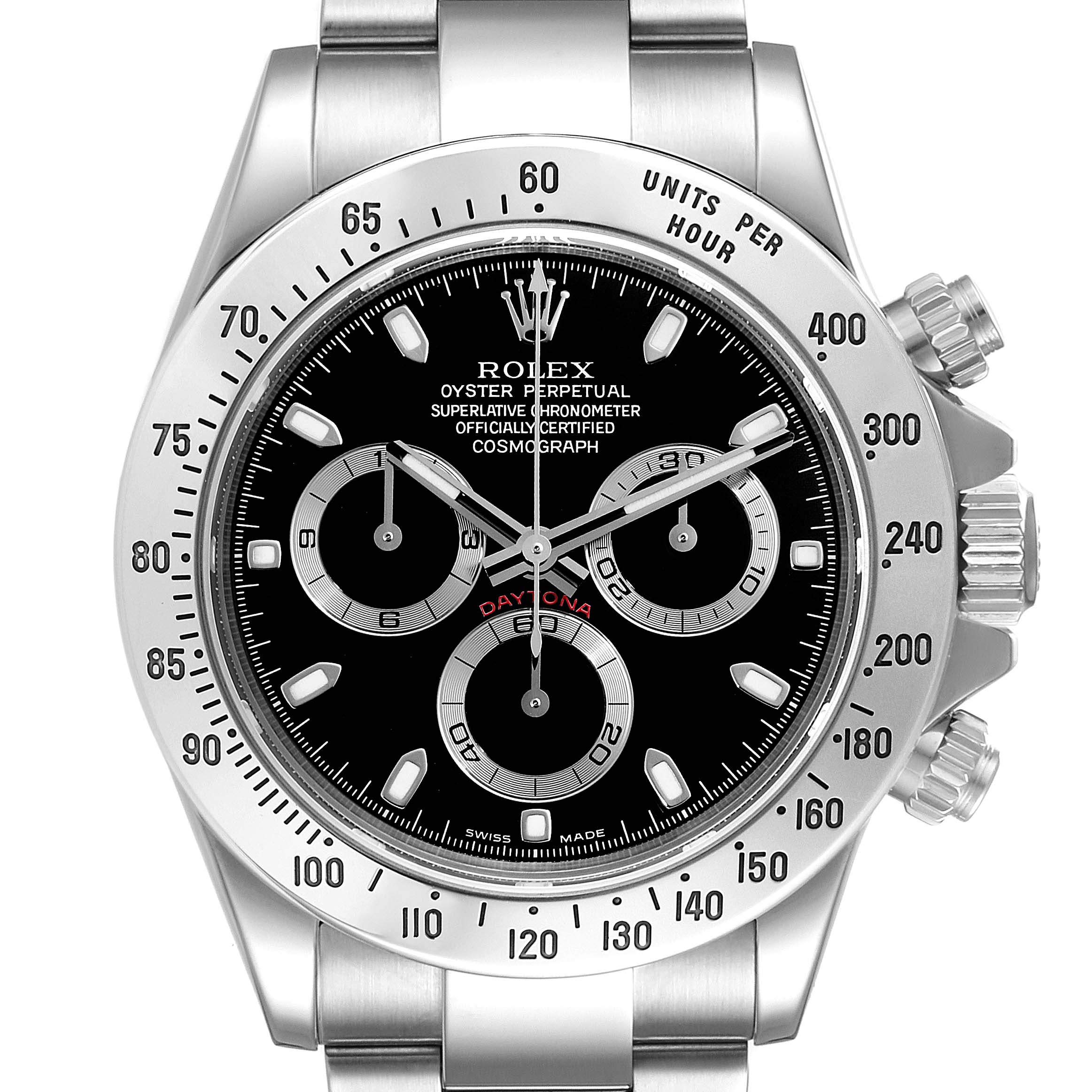 The image shows a frontal view of a Rolex Daytona 116520 Men
s Stainless Steel Black Dial 116520 Men
s Stainless Steel Black Dial watch featuring a black dial, chronograph subdials, and a Tachymeter bezel.