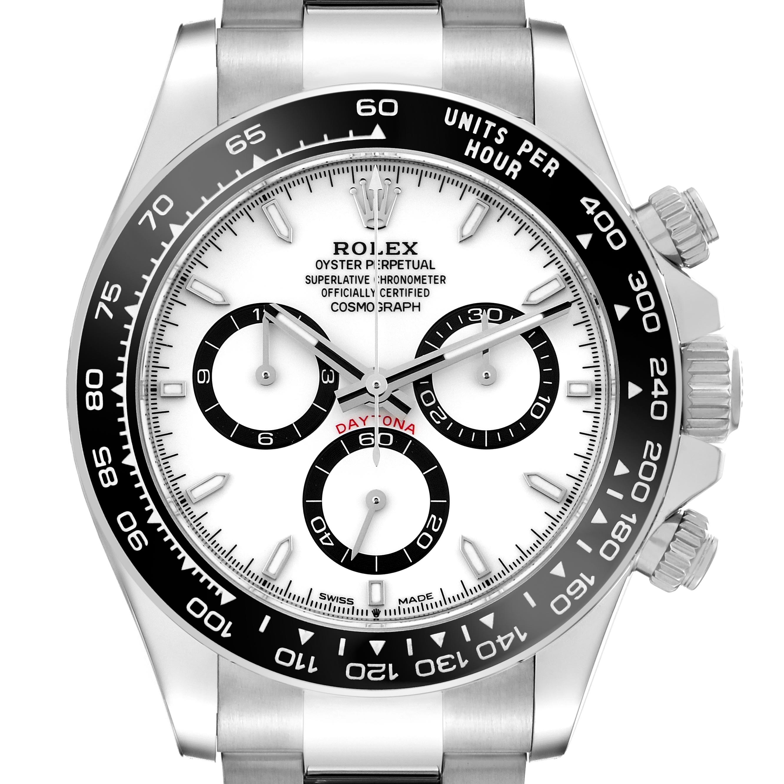 The Rolex Daytona 126500 Men's Stainless Steel White Dial 126500 Men's Stainless Steel White Dial watch is shown from a front angle highlighting the dial, bezel, and crown.