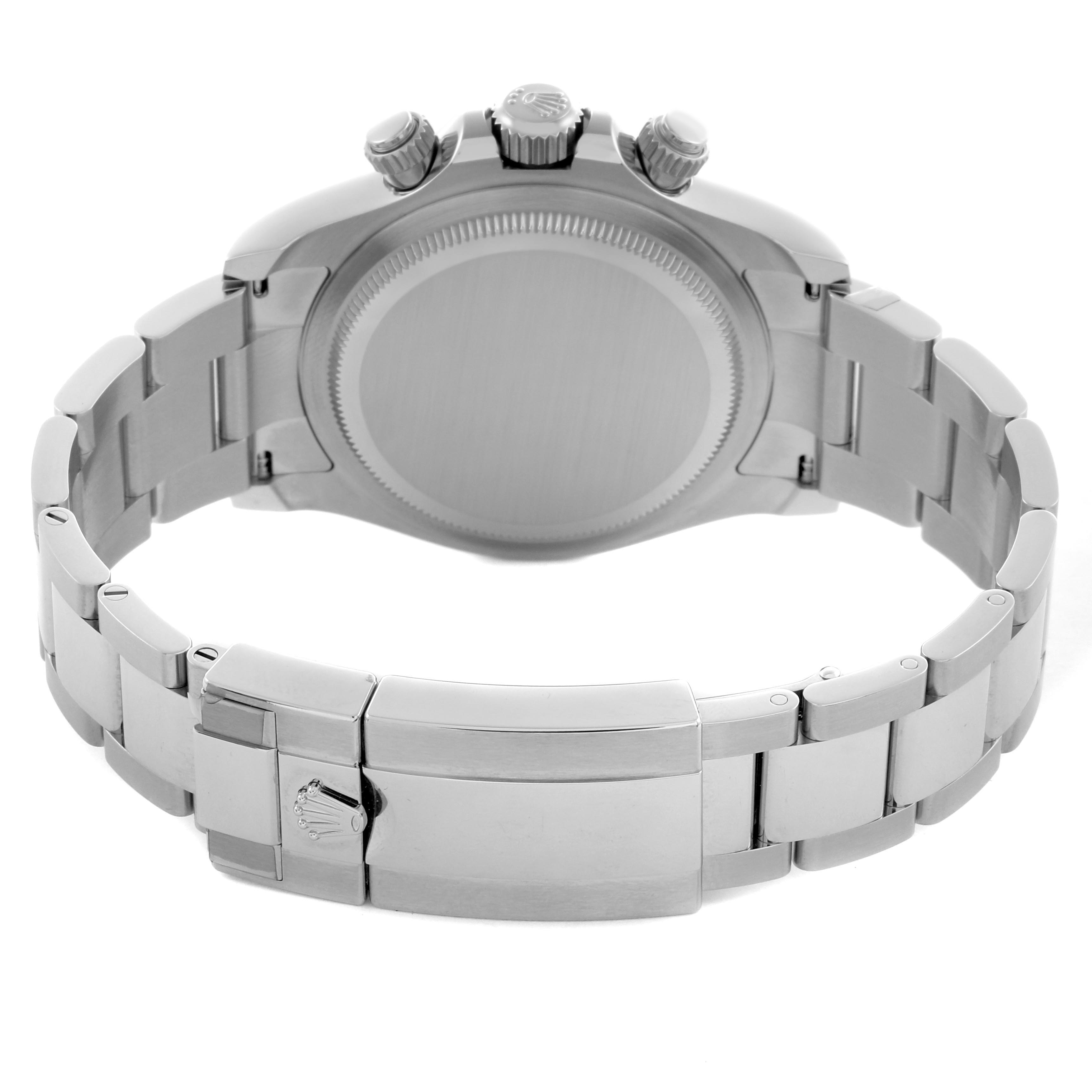 The image shows the back view of a Rolex Daytona 126500 Men's Stainless Steel White Dial 126500 Men's Stainless Steel White Dial watch, highlighting the clasp, bracelet, and case back.