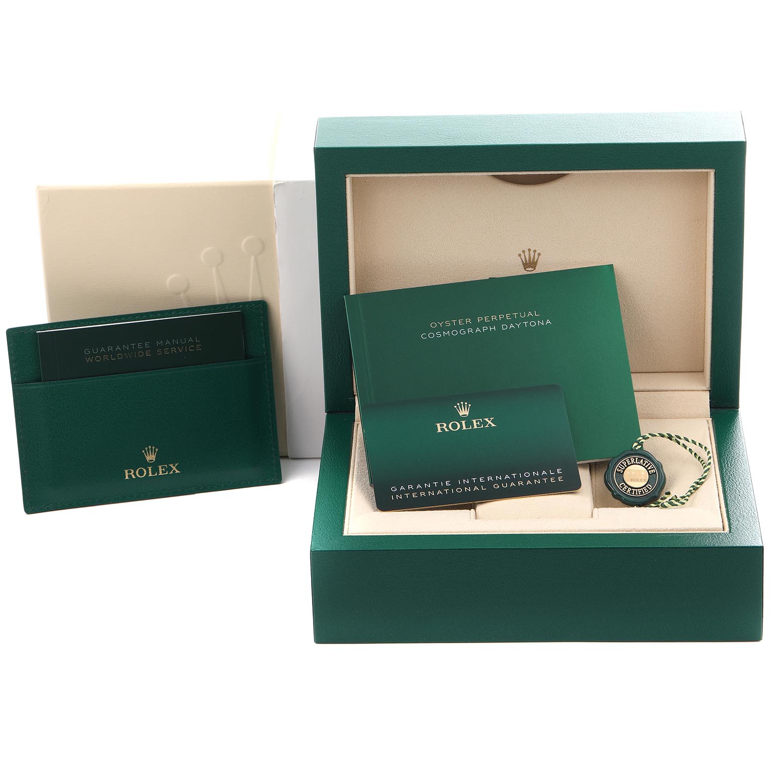 The image shows Rolex Daytona 126500 Men's Stainless Steel White Dial 126500 Men's Stainless Steel White Dial packaging including a green box, warranty card, manuals, and a tag.
