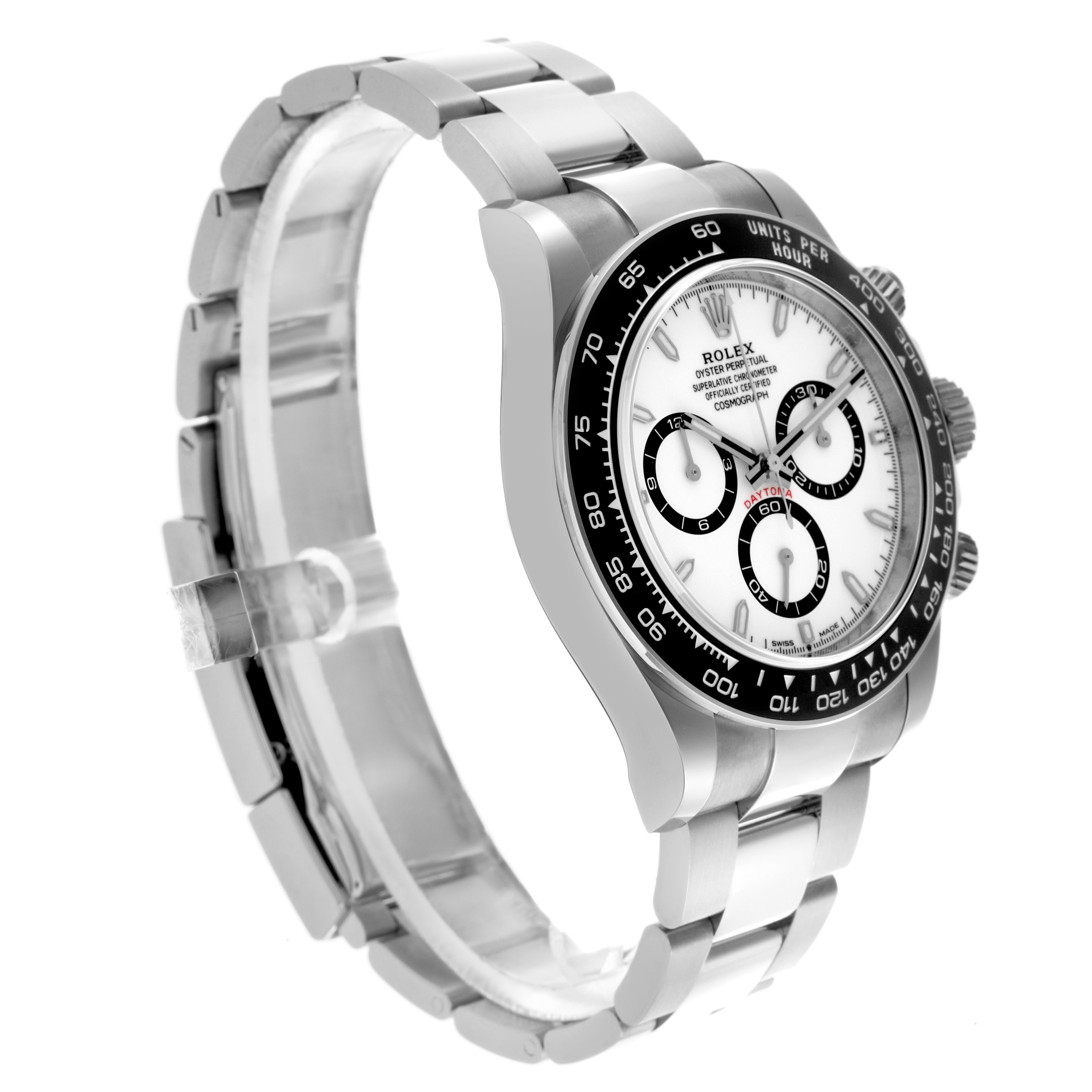 The Rolex Daytona 126500 Men's Stainless Steel White Dial 126500 Men's Stainless Steel White Dial watch is shown from a side angle, highlighting the bracelet, bezel, and chronograph sub-dials.