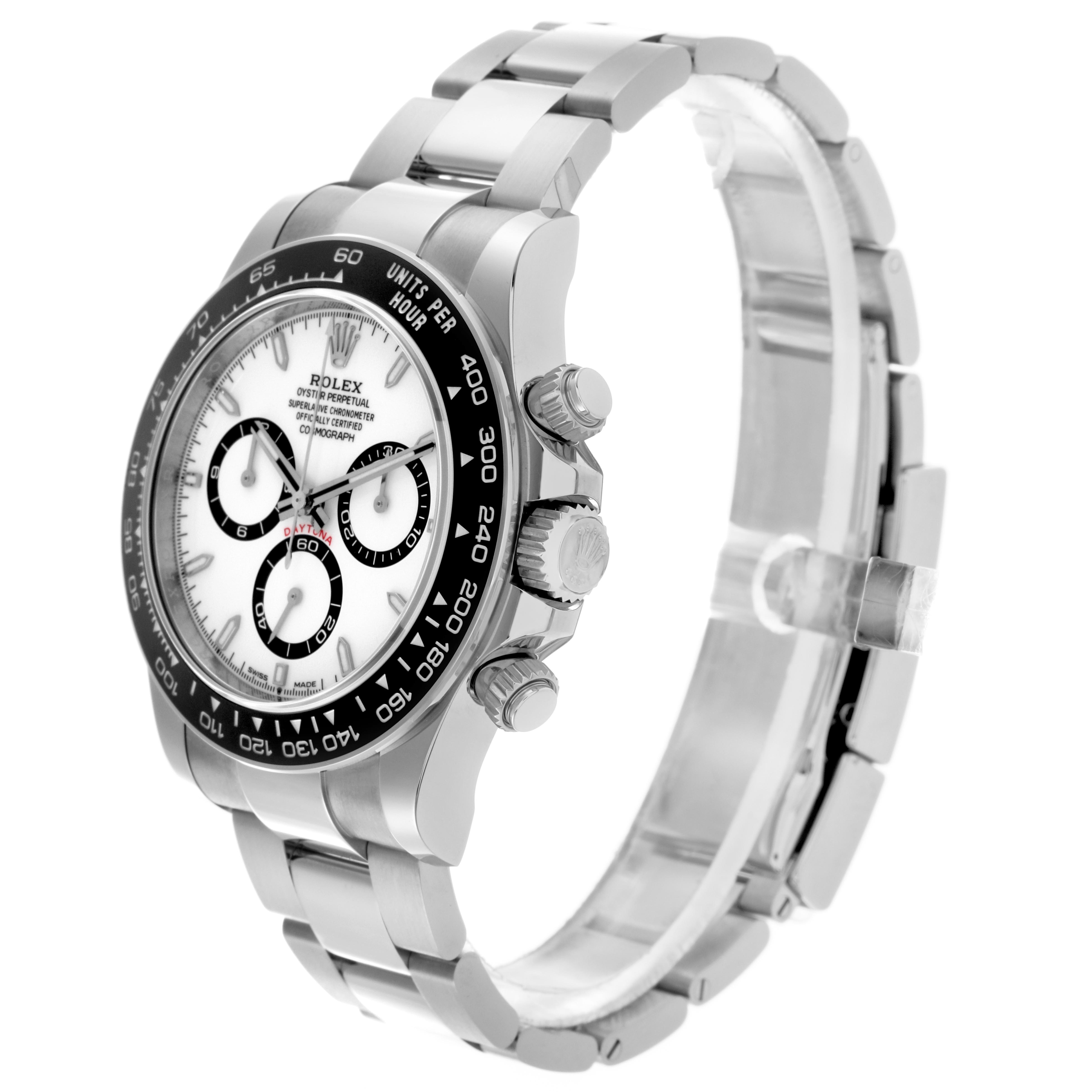 The Rolex Daytona 126500 Men's Stainless Steel White Dial 126500 Men's Stainless Steel White Dial watch is shown at a slight angle, highlighting the bezel, crown, pushers, and part of the bracelet.