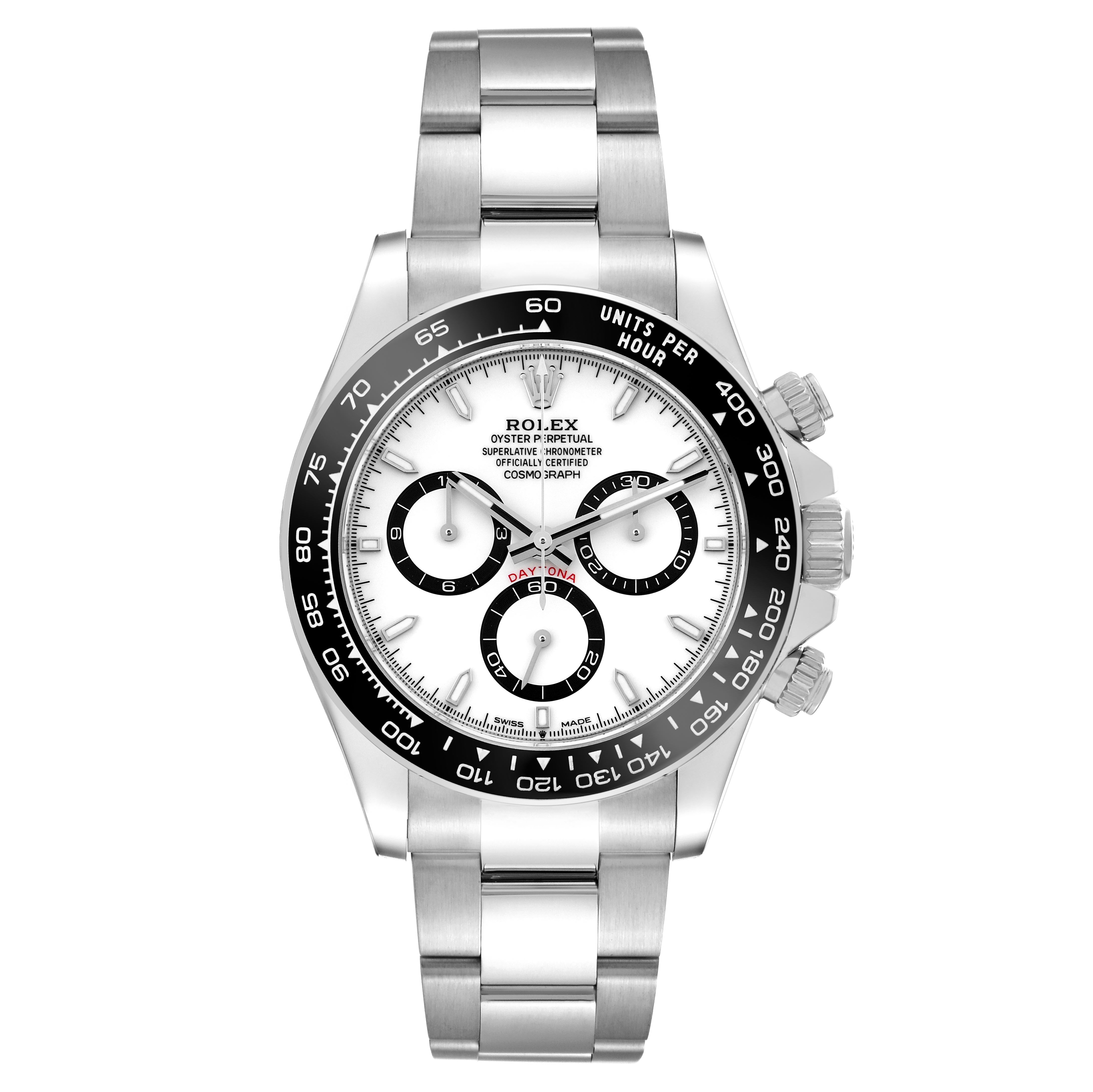 The Rolex Daytona 126500 Men's Stainless Steel White Dial 126500 Men's Stainless Steel White Dial watch is shown from a direct frontal angle, displaying the dial, bezel, bracelet, and side pushers.