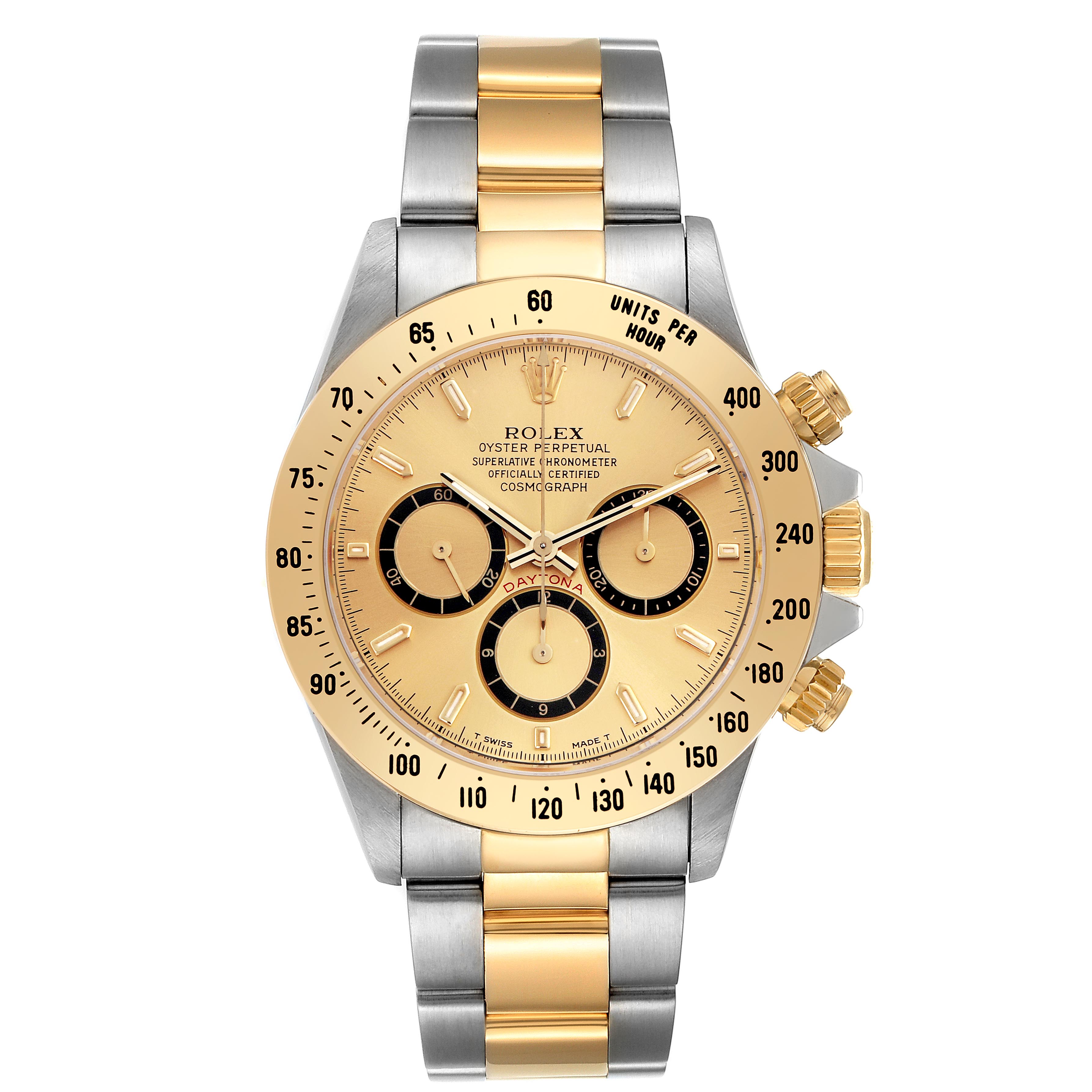 The Rolex Daytona 16523 Men's Steel and Gold (two tone) Champagne Dial 16523 Men's Steel and Gold (two tone) Champagne Dial watch is shown from a frontal angle, displaying the dial, bezel, and two-tone bracelet.