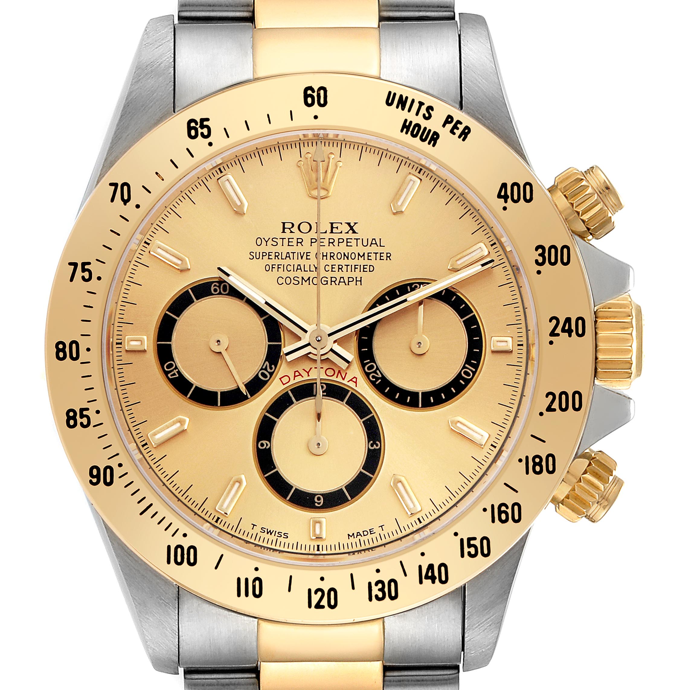The image shows a frontal view of a Rolex Daytona 16523 Men's Steel and Gold (two tone) Champagne Dial 16523 Men's Steel and Gold (two tone) Champagne Dial watch, highlighting its dial, bezel, and crown.