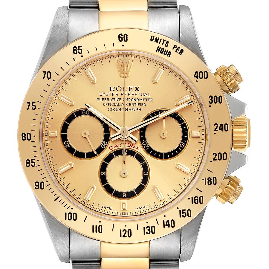 The image shows a frontal view of a Rolex Daytona watch, highlighting its dial, bezel, and crown.