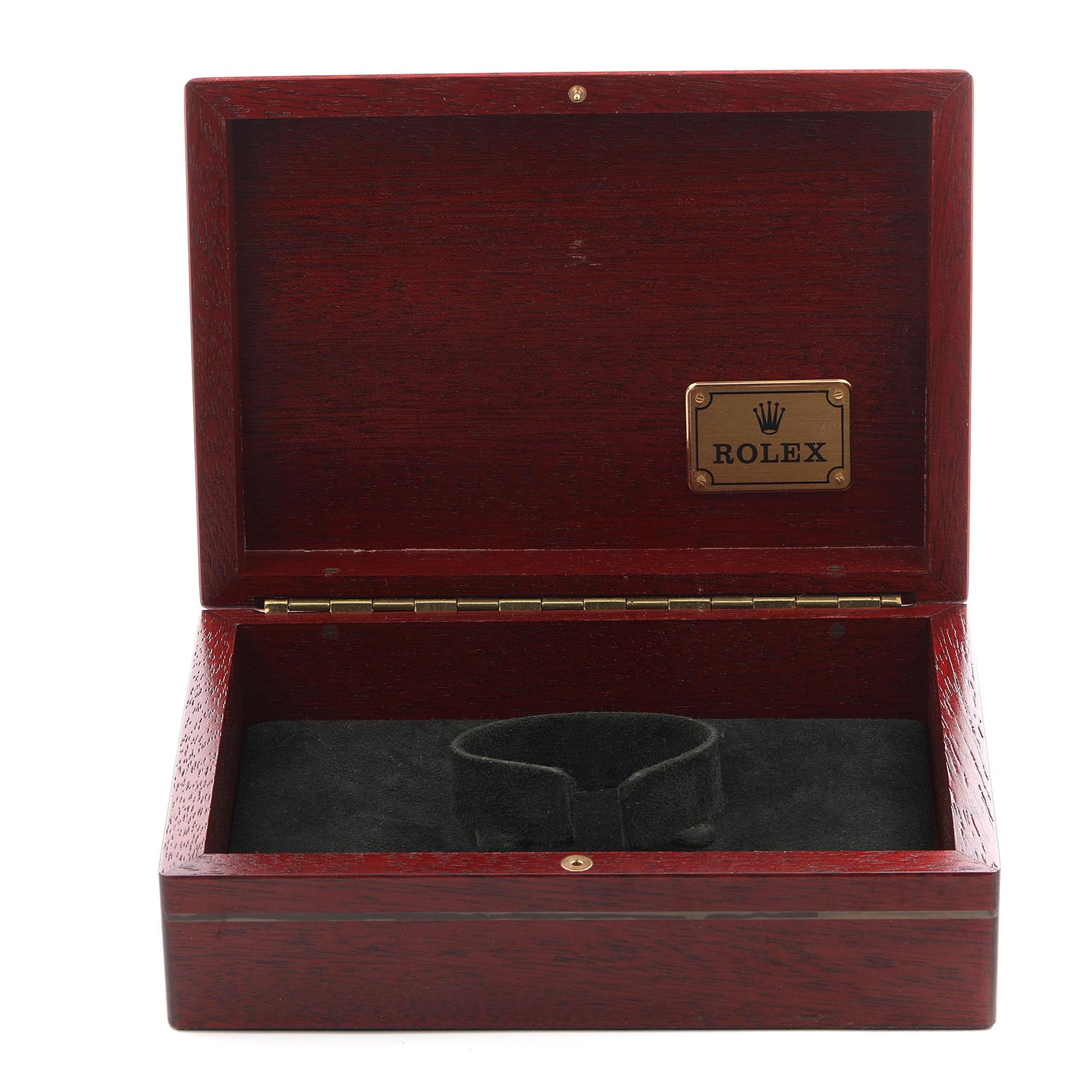 The image shows an open Rolex Daytona 16523 Men's Steel and Gold (two tone) Champagne Dial 16523 Men's Steel and Gold (two tone) Champagne Dial watch box with a wood finish and a logo plate inside the lid.