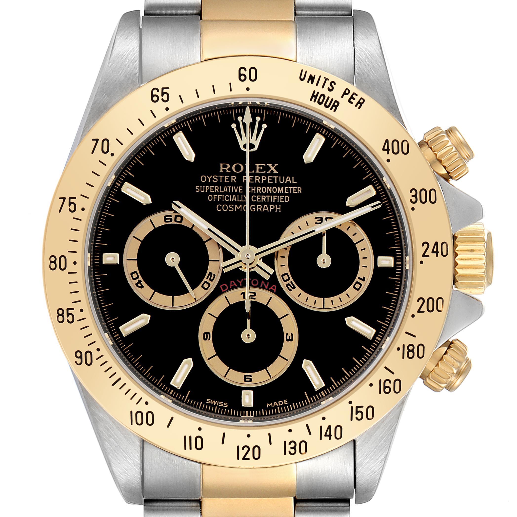 The Rolex Daytona 16523 Men's Steel and Gold (two tone) Black Dial 16523 Men's Steel and Gold (two tone) Black Dial watch is shown from a front angle, displaying its bezel, dial, and chronograph features.