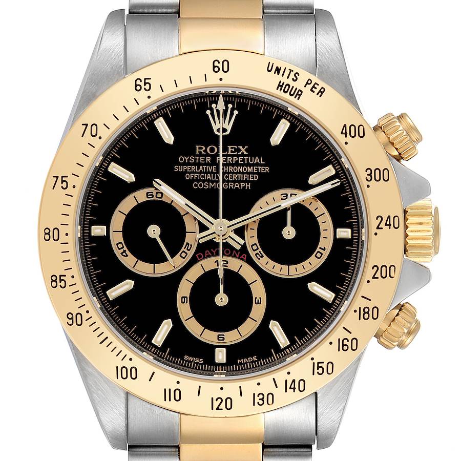 The Rolex Daytona watch is shown from a front angle, displaying its bezel, dial, and chronograph features.
