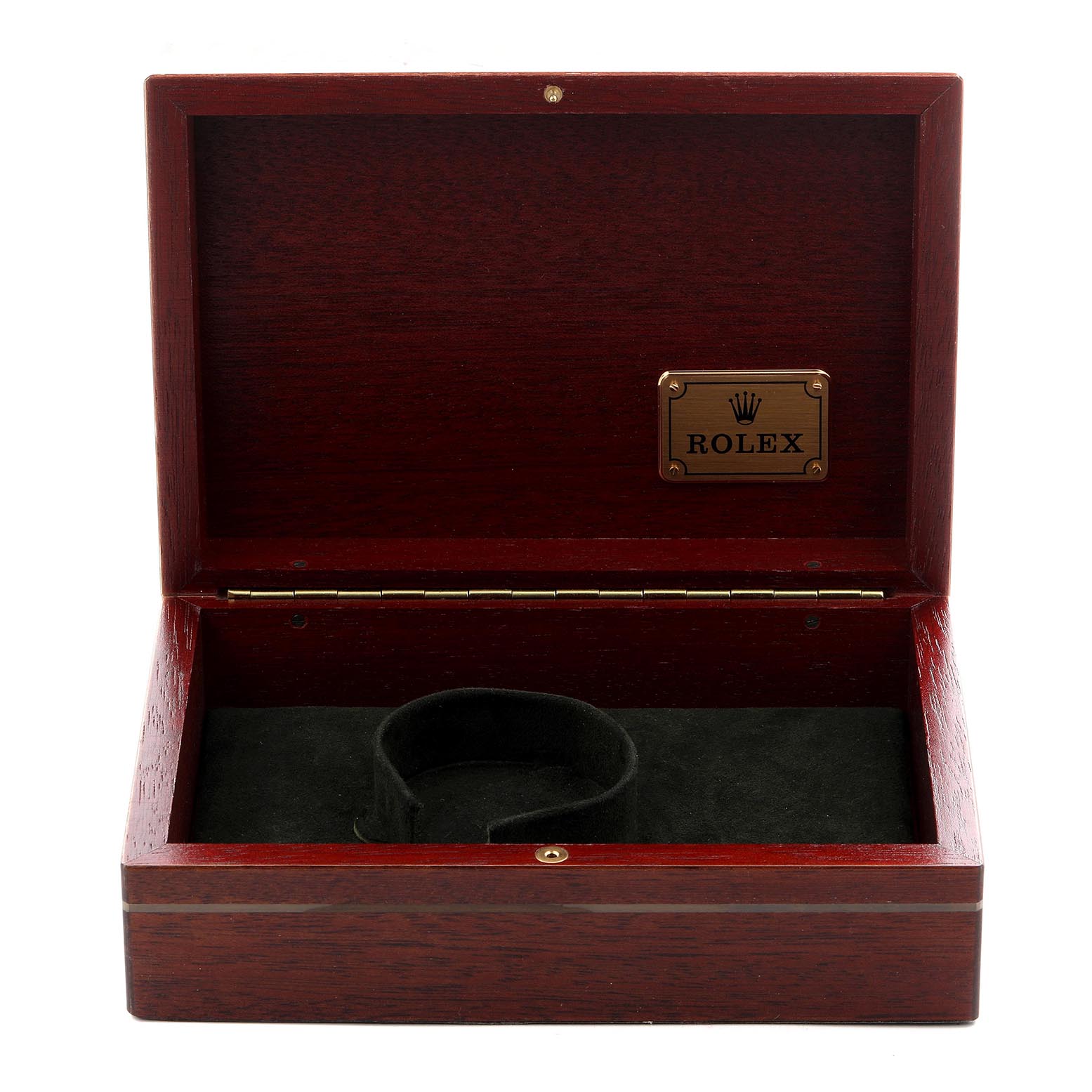 The image shows an open Rolex watch box for the Daytona model, featuring a wood finish and an inner cushion.