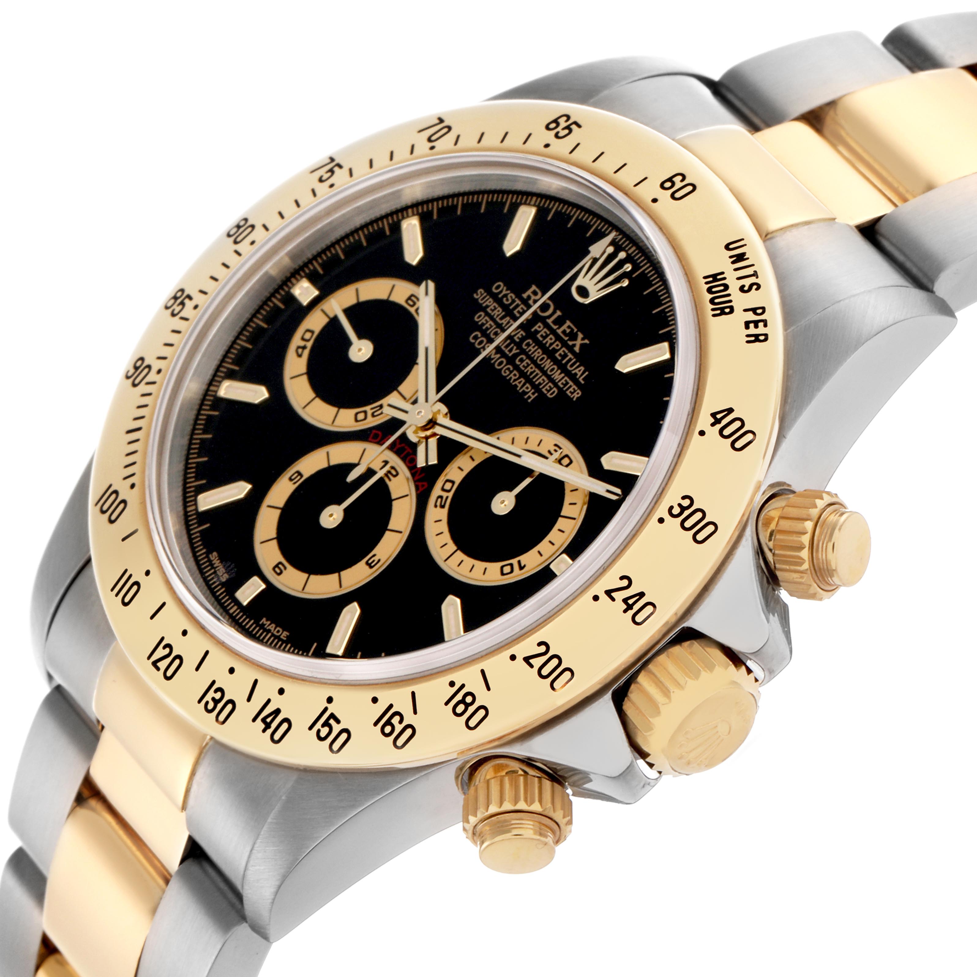 The Rolex Daytona 16523 Men's Steel and Gold (two tone) Black Dial 16523 Men's Steel and Gold (two tone) Black Dial is shown at an angle highlighting the dial, bezel, crown, and part of the bracelet.