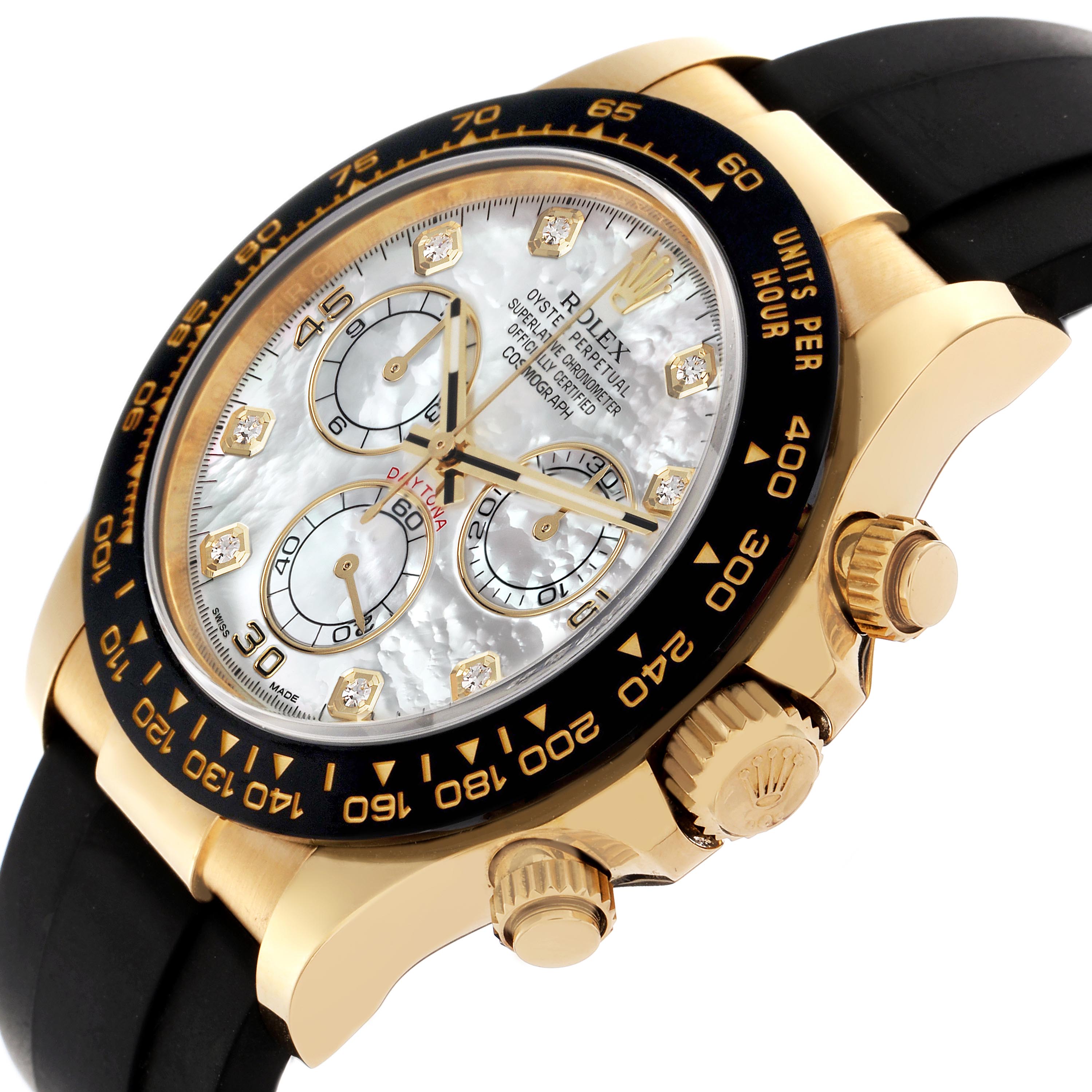 The Rolex Daytona 116518LN Men's Yellow Gold Mother of Pearl Dial 116518LN Men's Yellow Gold Mother of Pearl Dial watch is shown from a side angle, highlighting its gold case, black bezel, dial, and rubber strap.