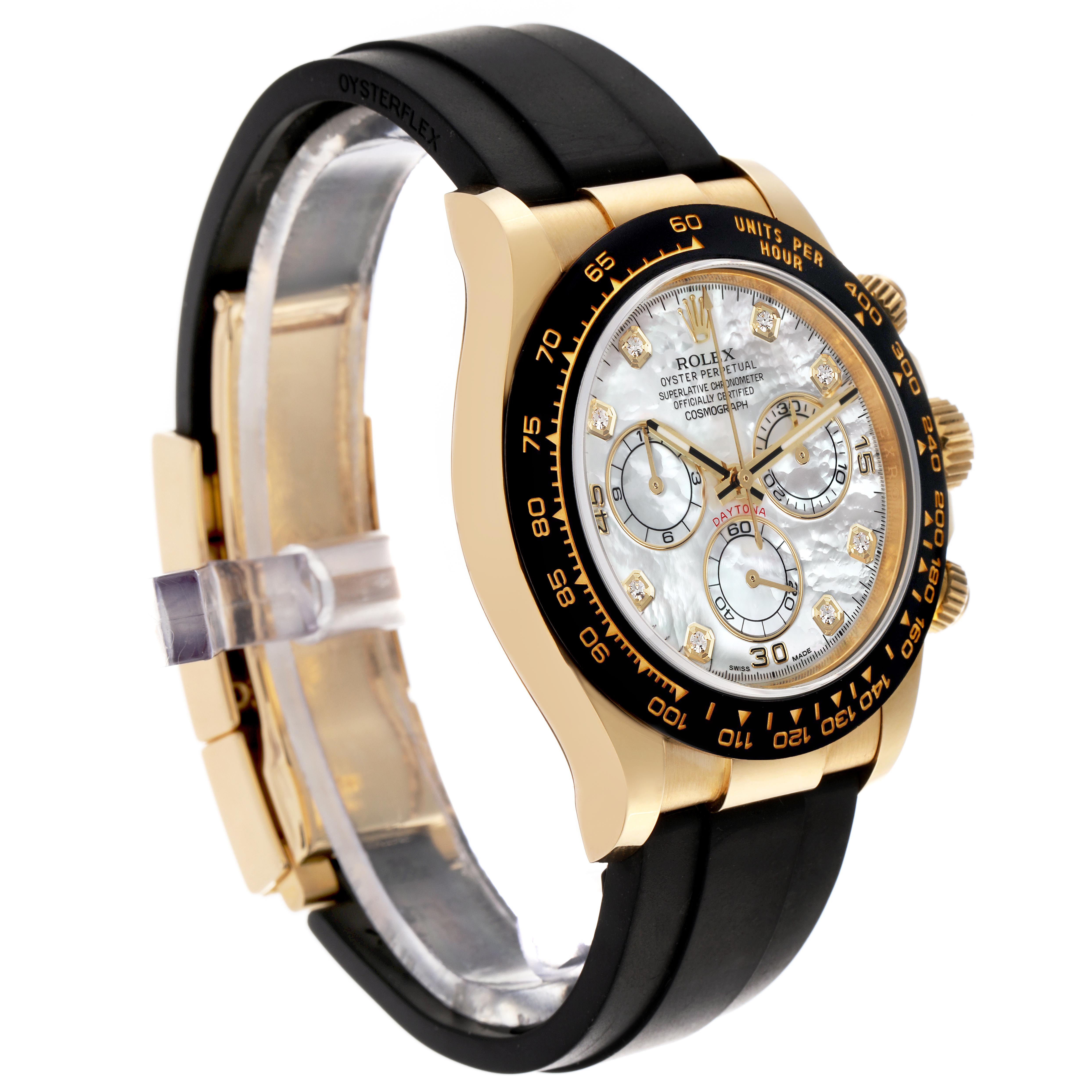 The Rolex Daytona 116518LN Men's Yellow Gold Mother of Pearl Dial 116518LN Men's Yellow Gold Mother of Pearl Dial watch is angled to show the face, bezel, case, and black strap prominently.