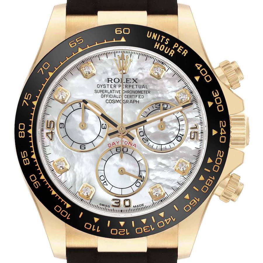 The Rolex Daytona watch is shown from the front, displaying its dial, bezel, crown, and subdials.