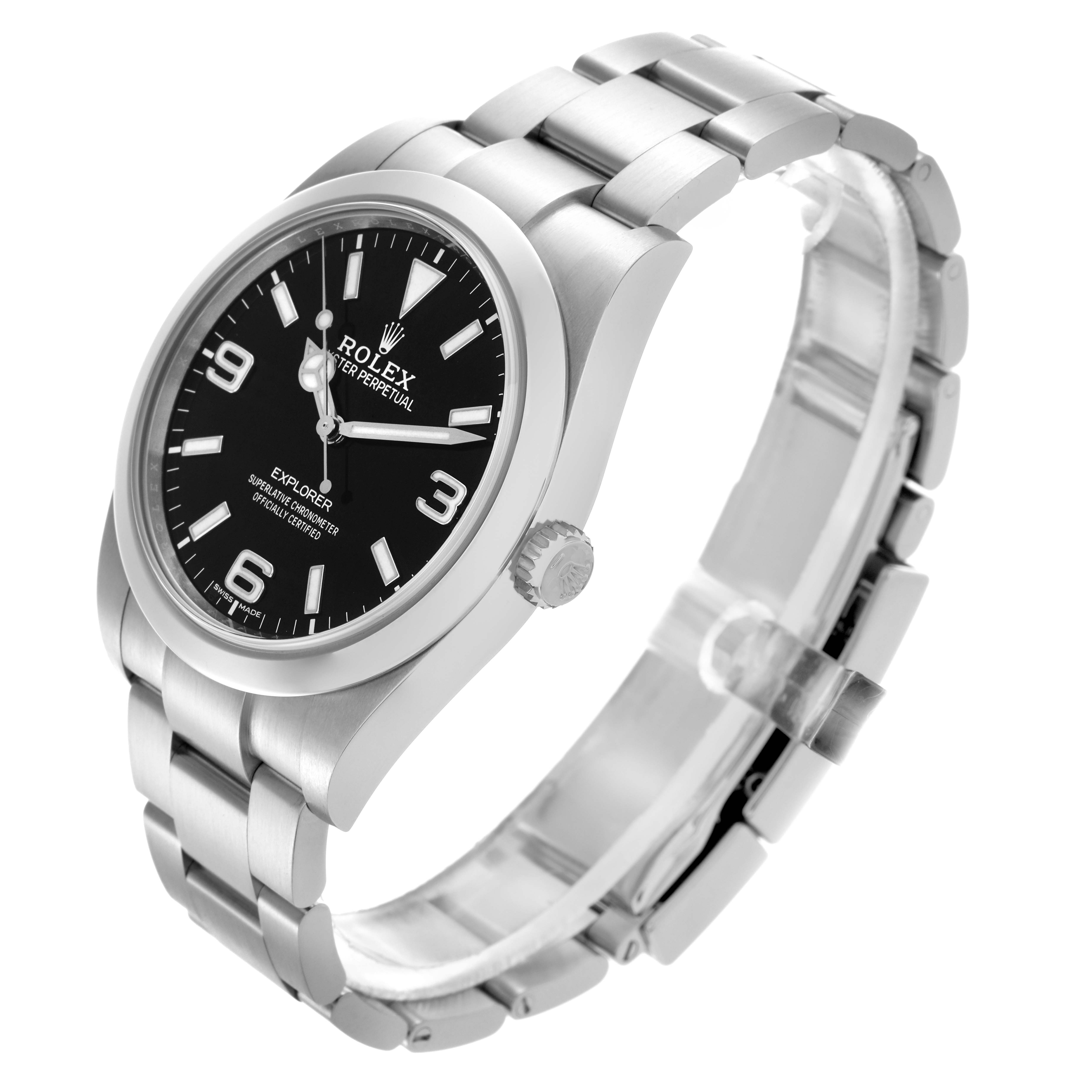 The Rolex Explorer 214270 Men's Stainless Steel Black Dial 214270 Men's Stainless Steel Black Dial watch is shown at a slight side angle highlighting the bracelet, case, and dial.