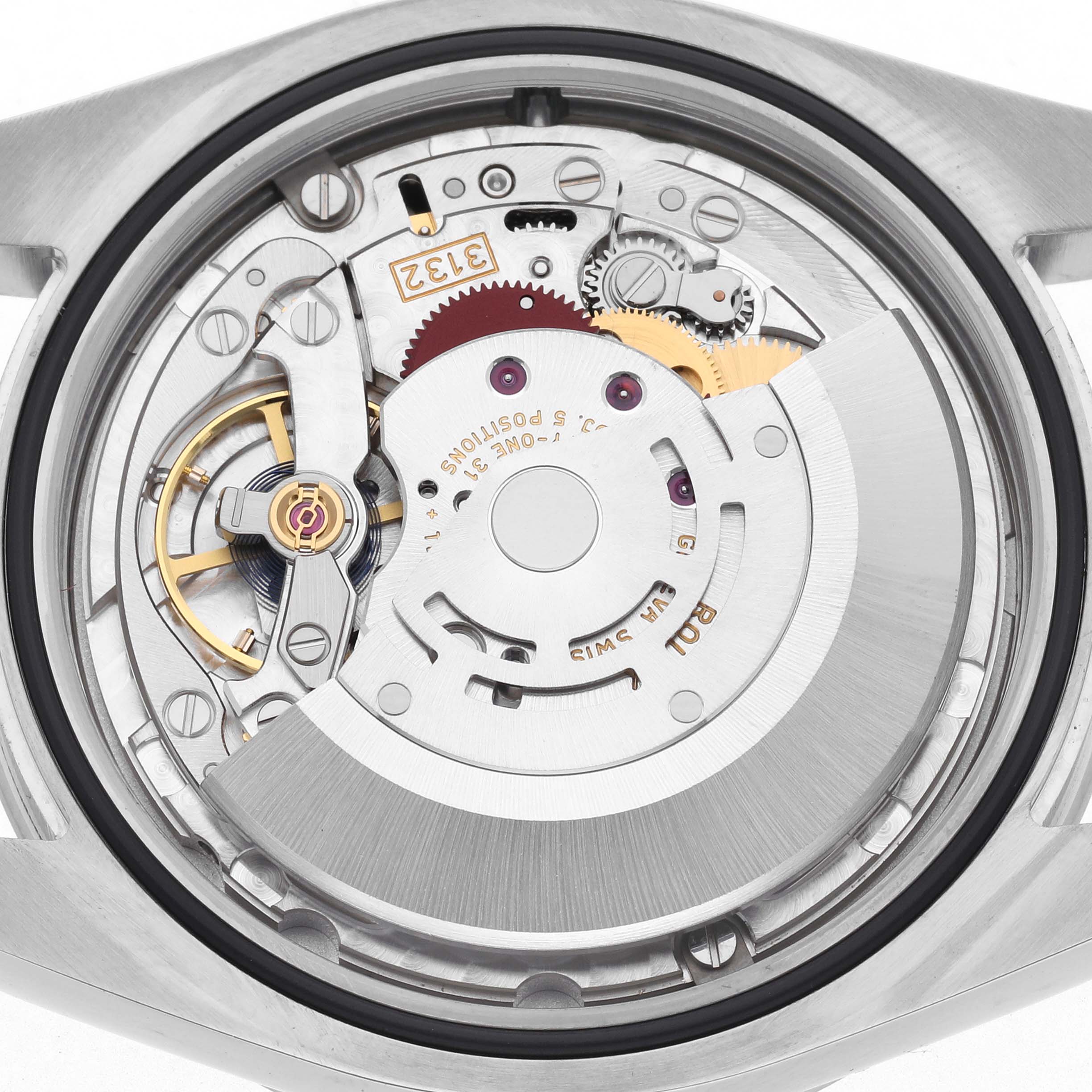 The image shows the movement mechanism from the back of a Rolex Explorer 214270 Men's Stainless Steel Black Dial 214270 Men's Stainless Steel Black Dial watch.