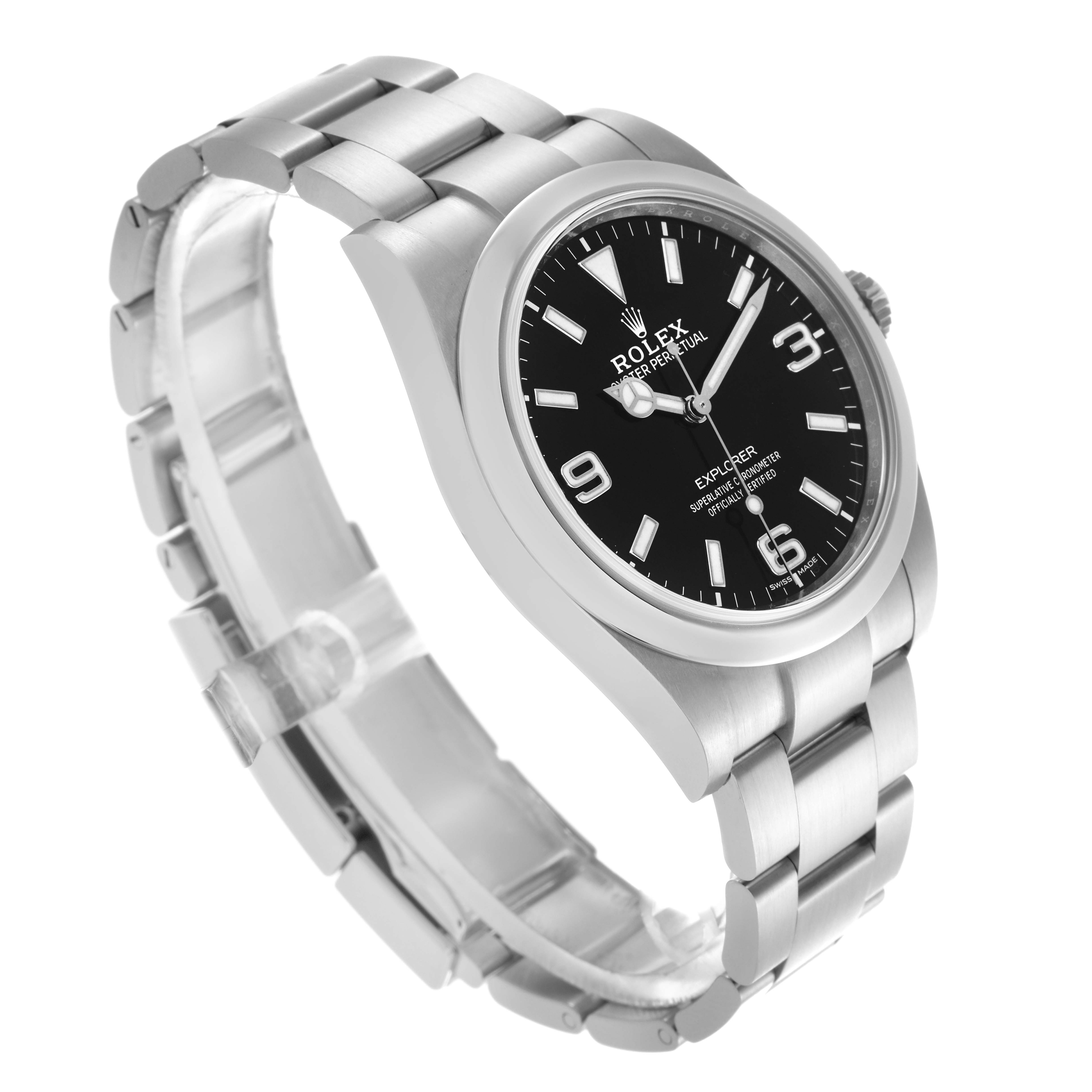 The Rolex Explorer 214270 Men's Stainless Steel Black Dial 214270 Men's Stainless Steel Black Dial watch is shown at an angled side view, highlighting the bracelet, case, and dial.