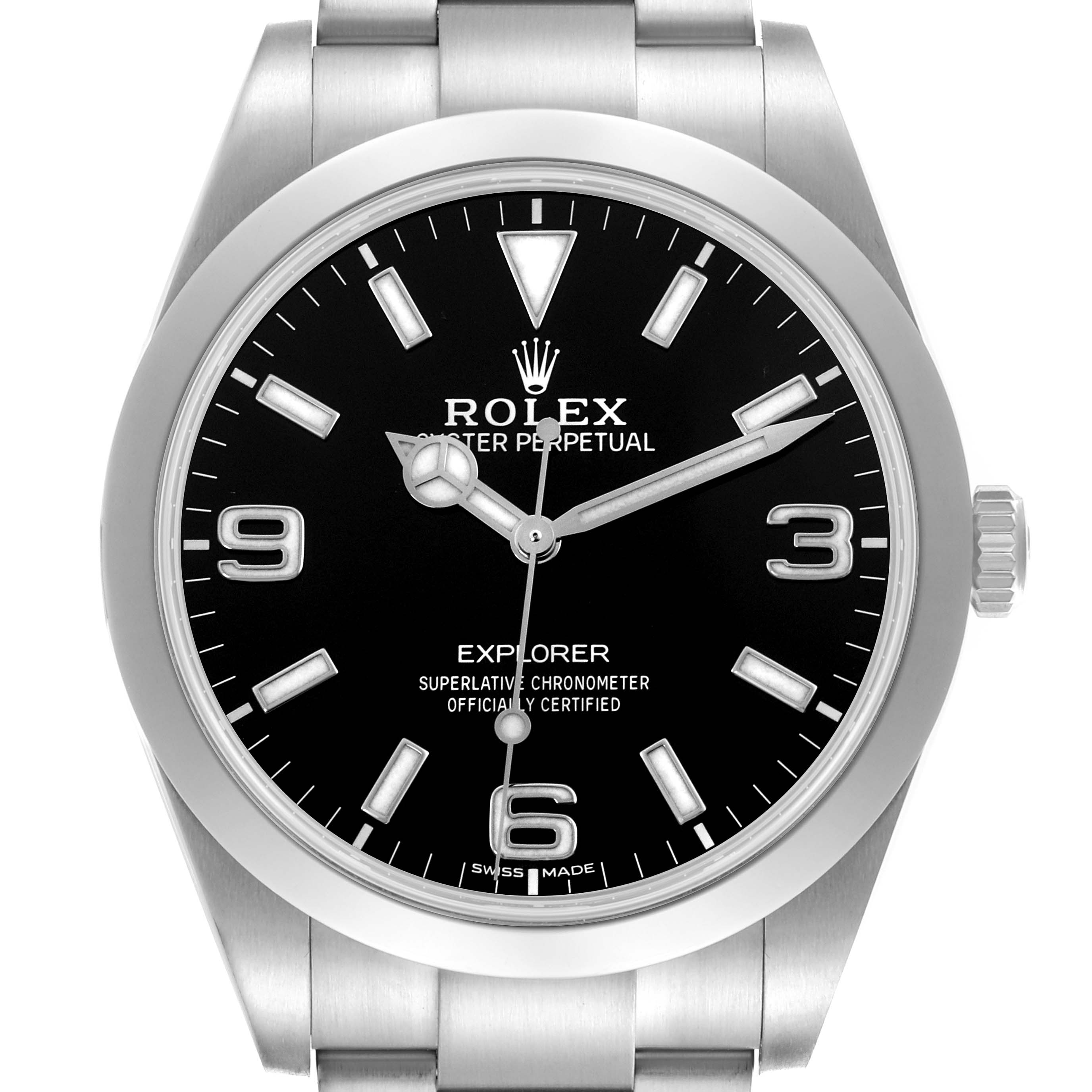 The Rolex Explorer 214270 Men's Stainless Steel Black Dial 214270 Men's Stainless Steel Black Dial watch is shown from the front, highlighting the dial, hands, and bezel.