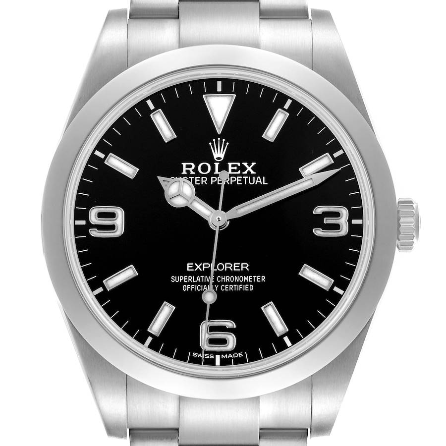 The Rolex Explorer watch is shown from the front, highlighting the dial, hands, and bezel.
