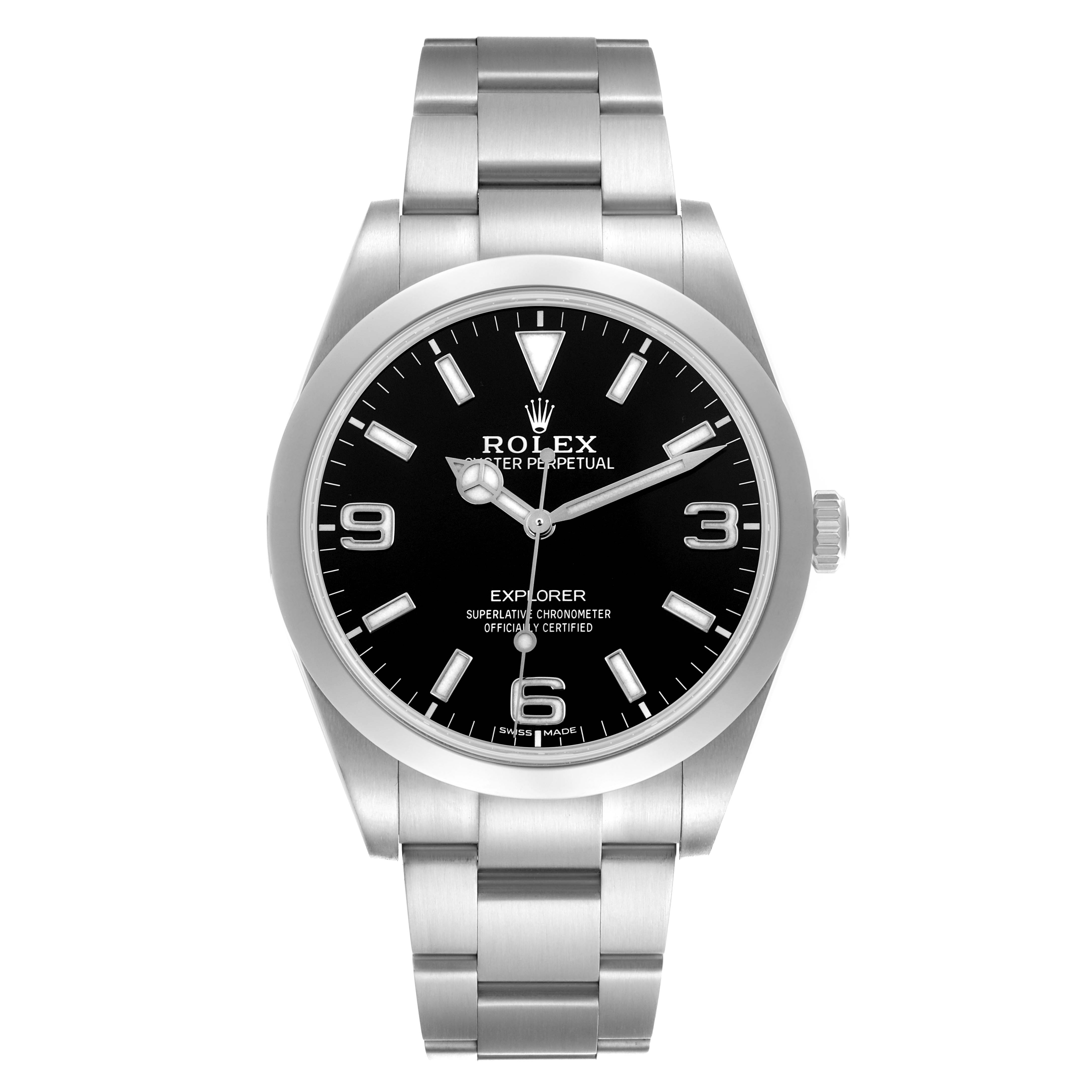 The Rolex Explorer 214270 Men's Stainless Steel Black Dial 214270 Men's Stainless Steel Black Dial watch is shown from a front angle, displaying its dial, bezel, and part of the bracelet.