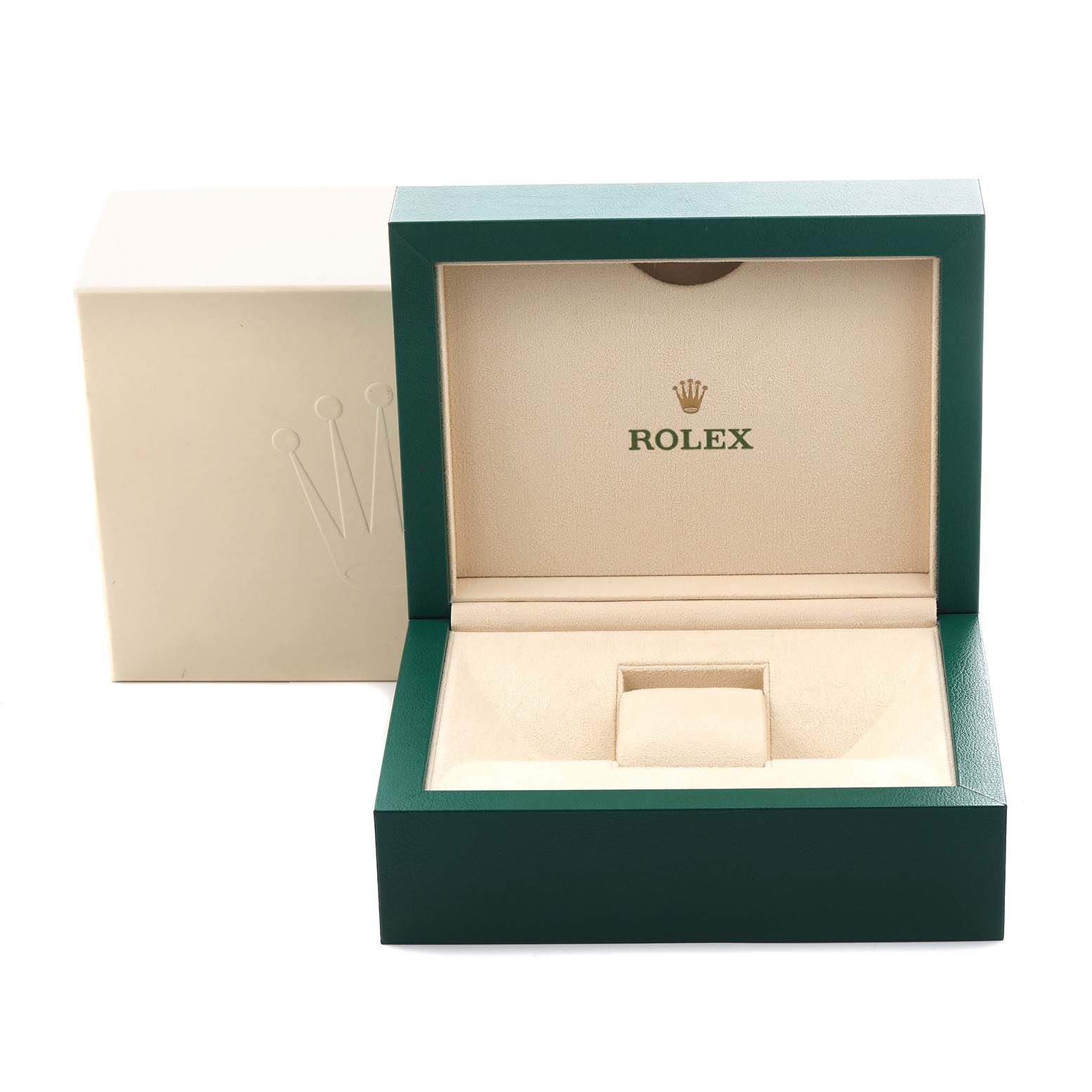 The image shows an open Rolex Explorer 214270 Men's Stainless Steel Black Dial 214270 Men's Stainless Steel Black Dial watch box at a front angle, displaying the interior lining and logo.