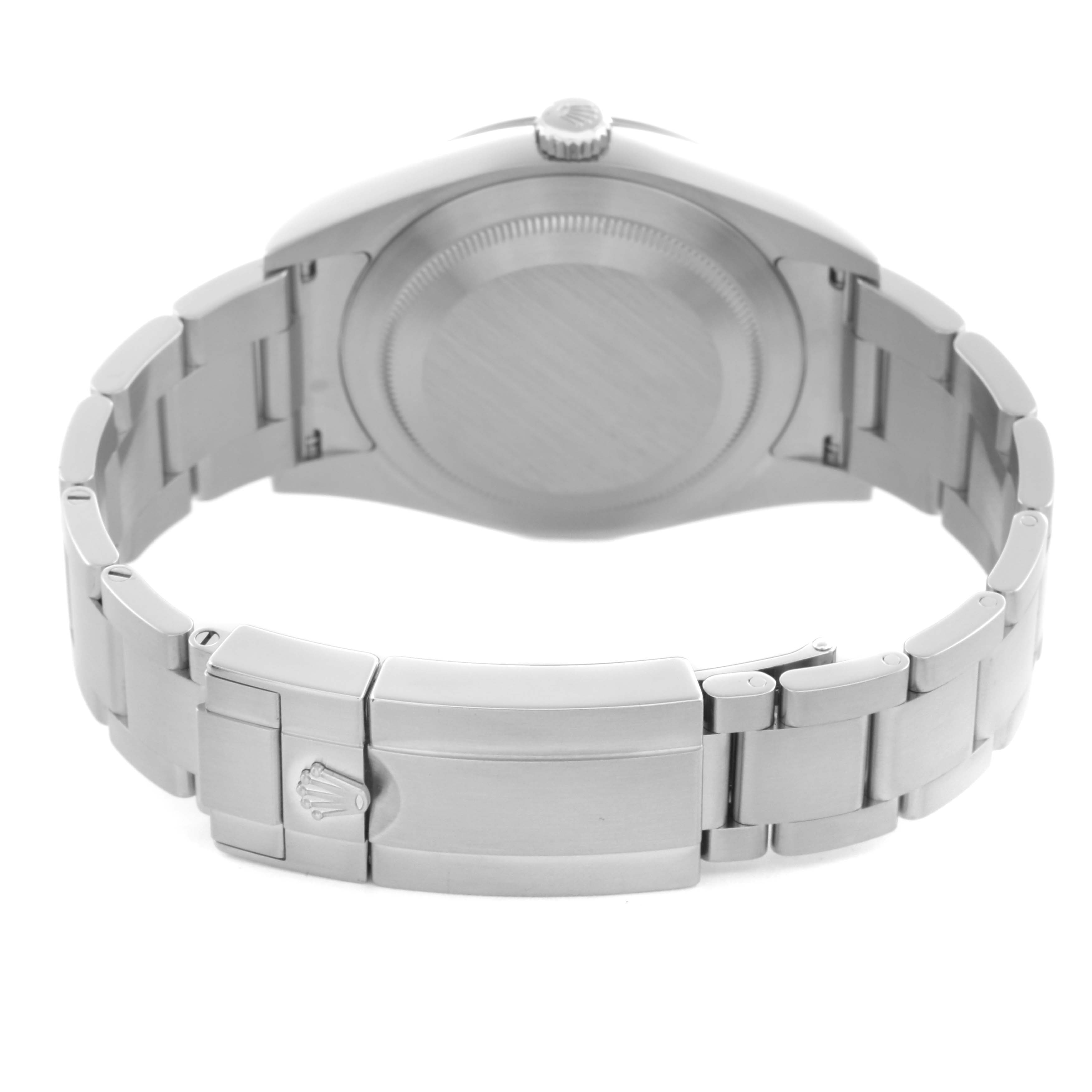 The Rolex Explorer 214270 Men's Stainless Steel Black Dial 214270 Men's Stainless Steel Black Dial is shown from the back, highlighting its case back and bracelet clasp.