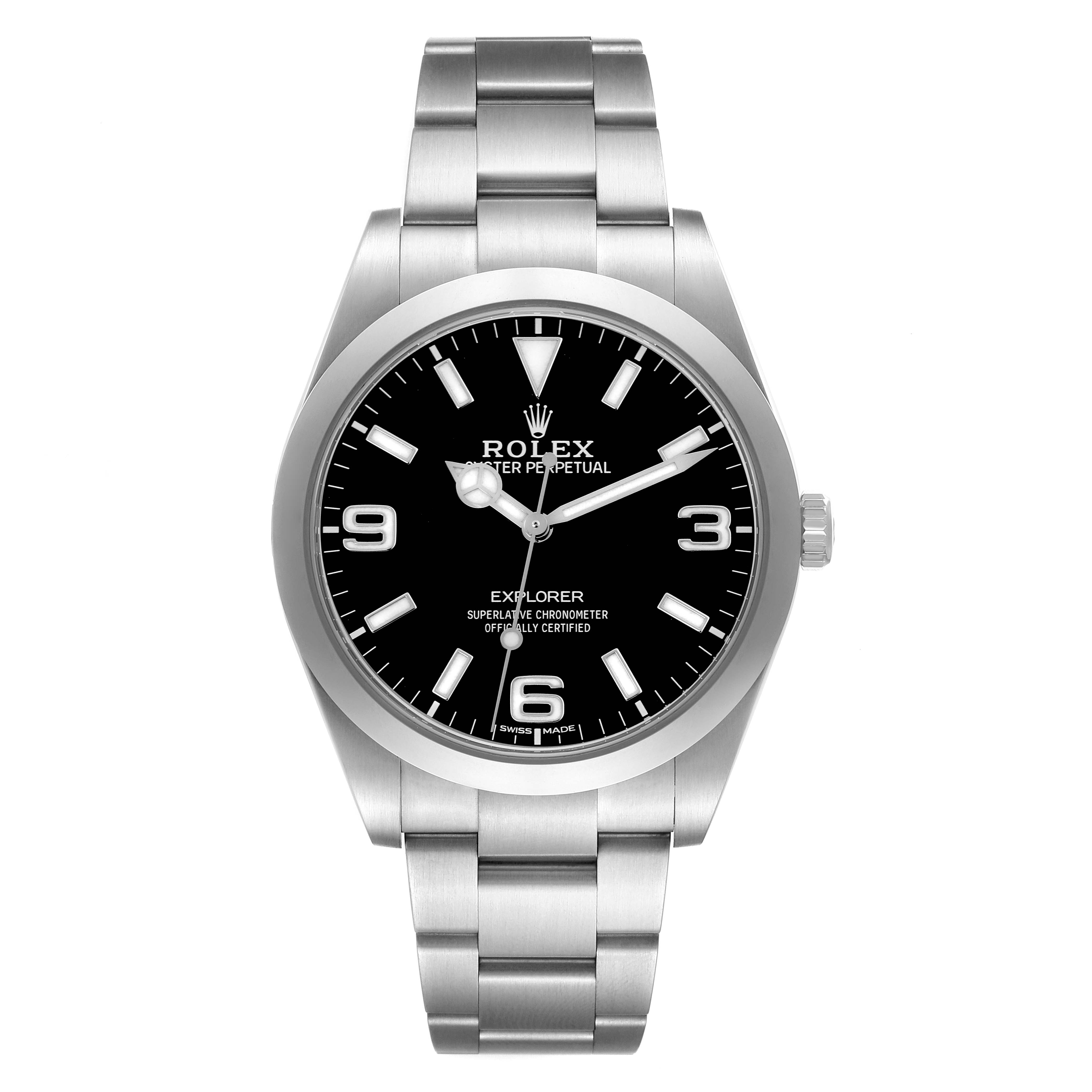 The Rolex Explorer 214270 Men's Stainless Steel Black Dial 214270 Men's Stainless Steel Black Dial is shown from a front angle, displaying the dial, hands, hour markers, case, and bracelet.