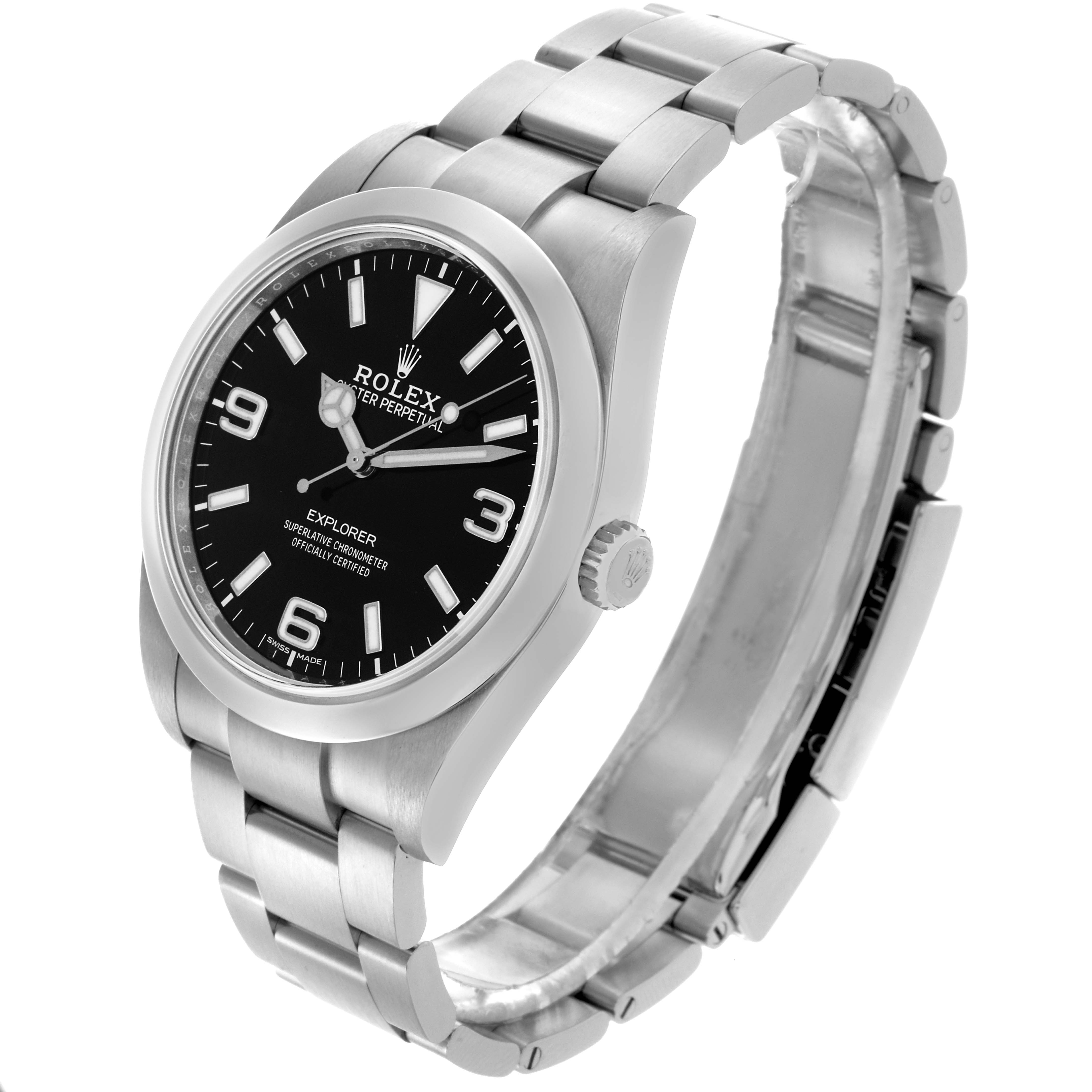 The Rolex Explorer 214270 Men's Stainless Steel Black Dial 214270 Men's Stainless Steel Black Dial watch is shown at a three-quarter angle, displaying the face, bracelet, and crown.